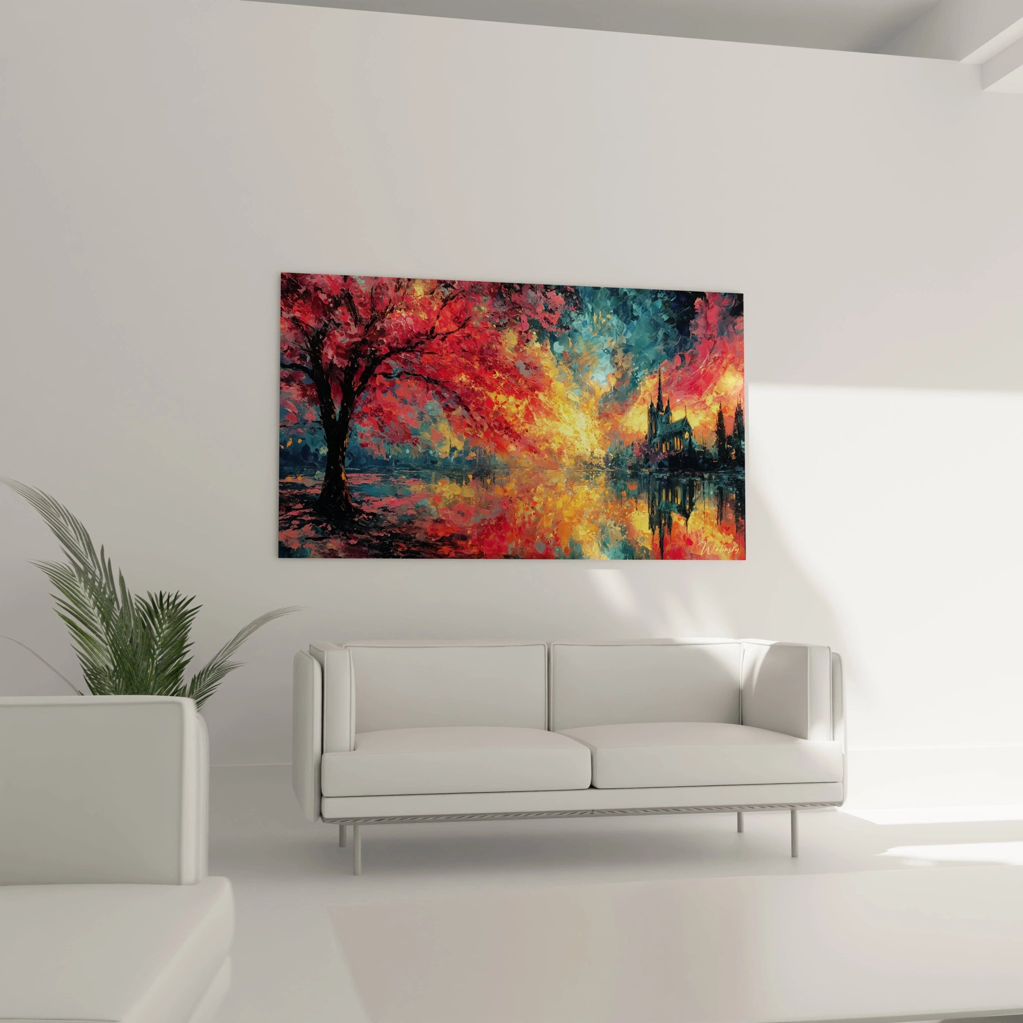 Tableau mural Walensky coloré au dessus d un canapé, arbre rouge et reflet de cathédrale, tableau cathédrale gothique