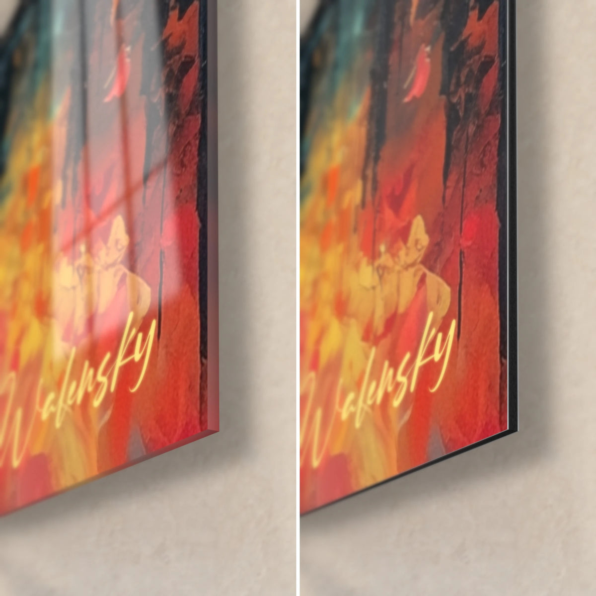 Tableau cathédrale à l'aube, coin bas droit : verre acrylique brillant à gauche, alu Dibond mat à droite, tranche de 3 mm, rouge et or
