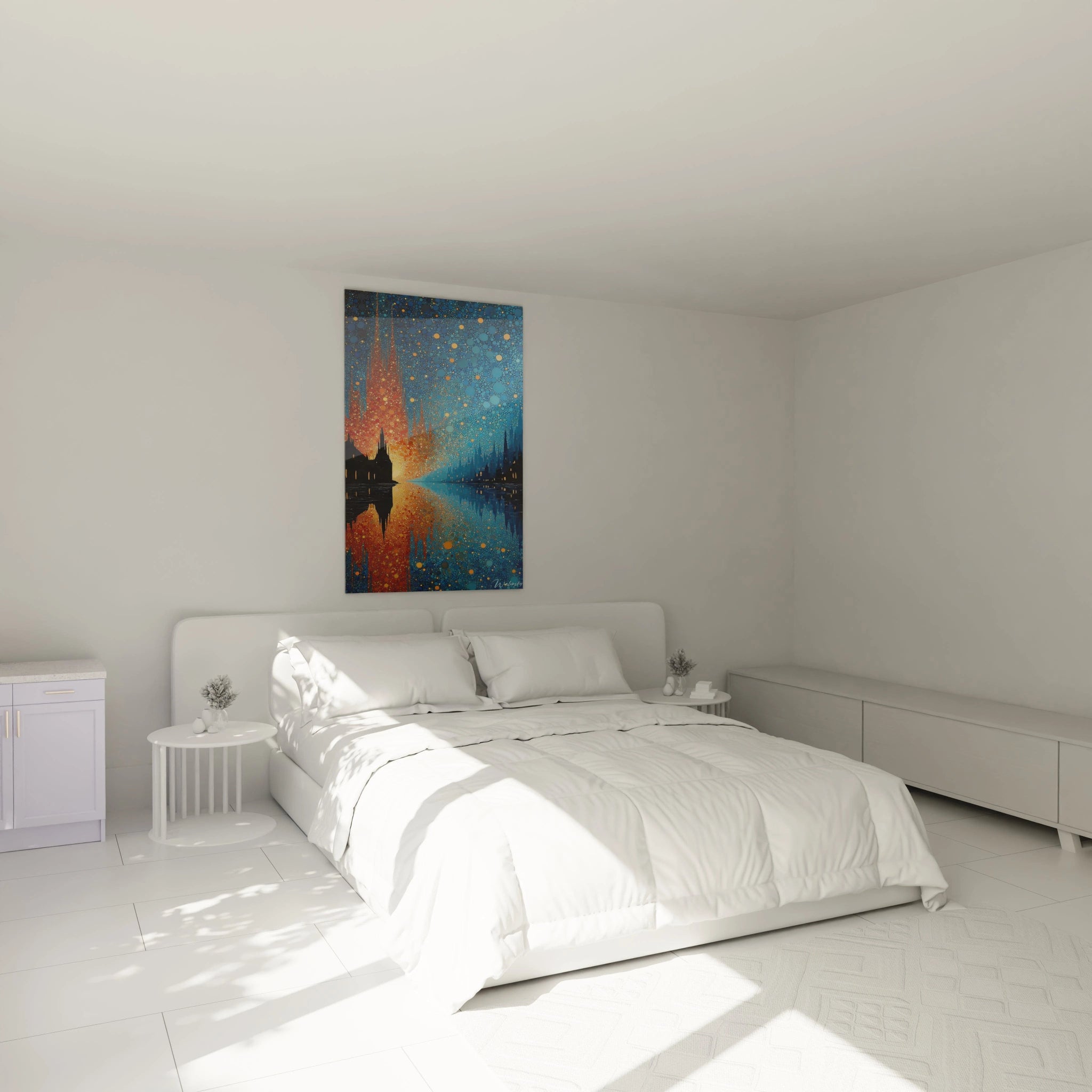 Tableau mural Walensky présentant un tableau cathédrale pointillisme bleu et orange au dessus d un lit blanc minimaliste