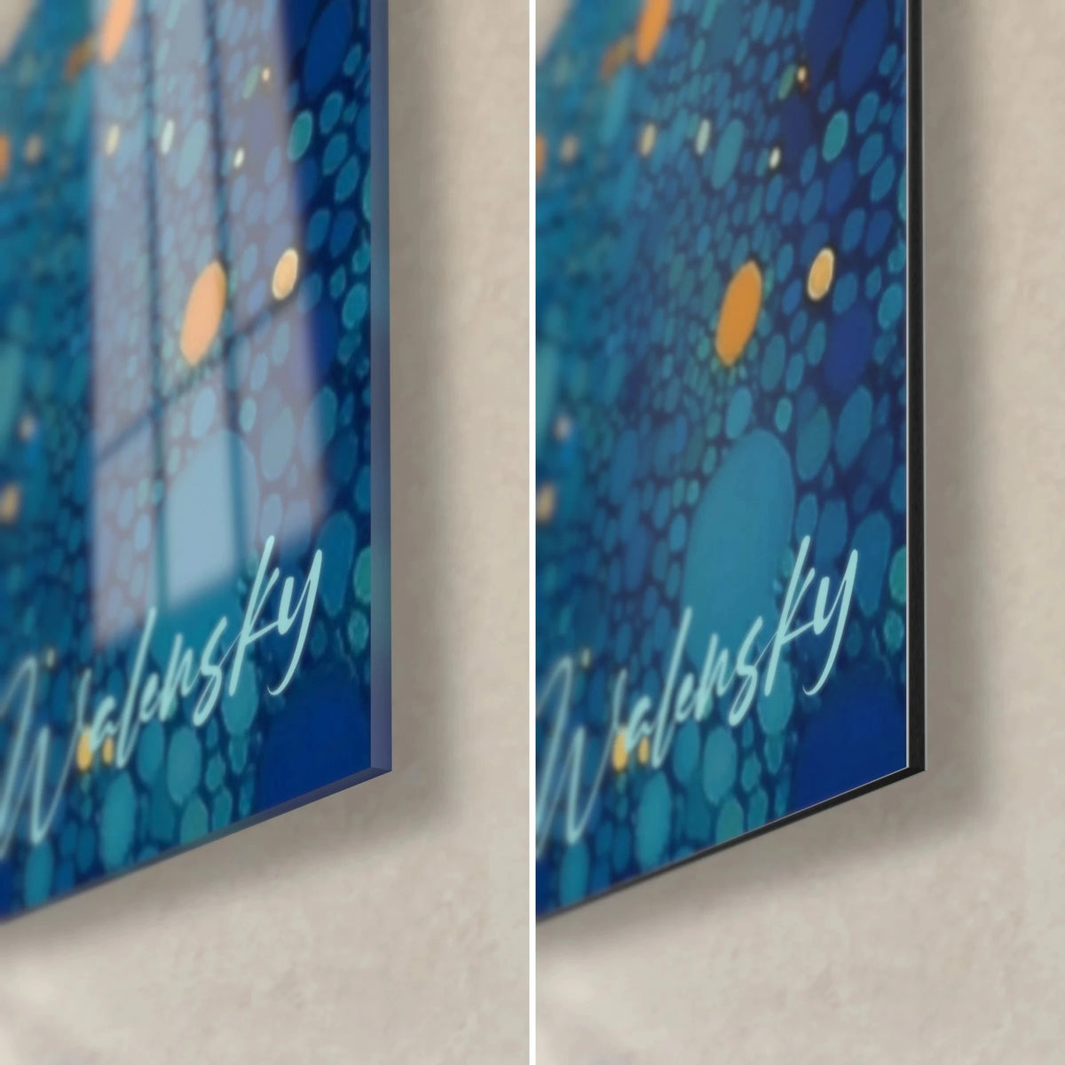 Tableau ville gothique pointilliste, coin bas droit : cercles bleu turquoise et orange, verre brillant à gauche, Dibond mat à droite