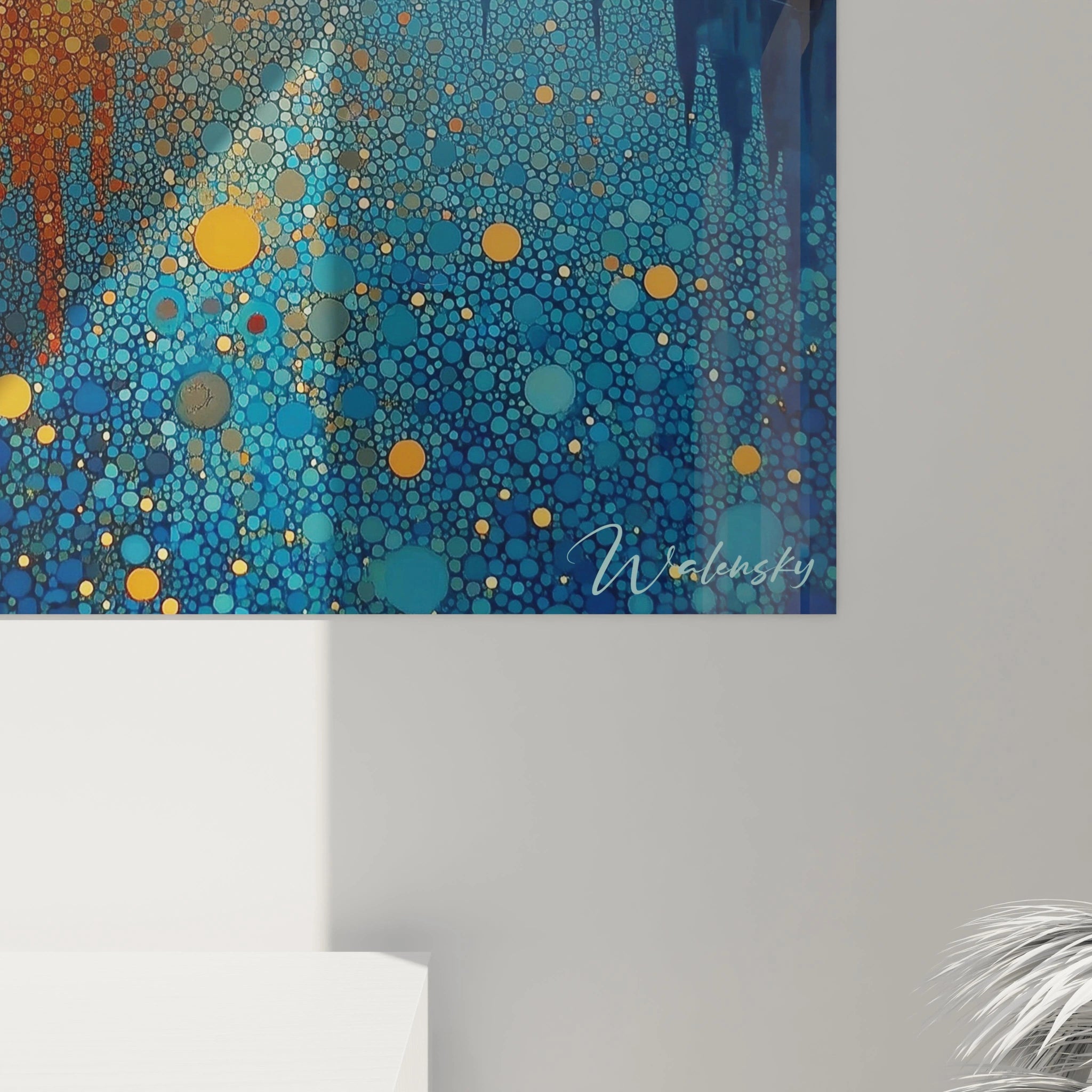 Tableau Walensky bleu et or en gros plan montrant motifs circulaires abstraits tableau cathédrale pointillisme