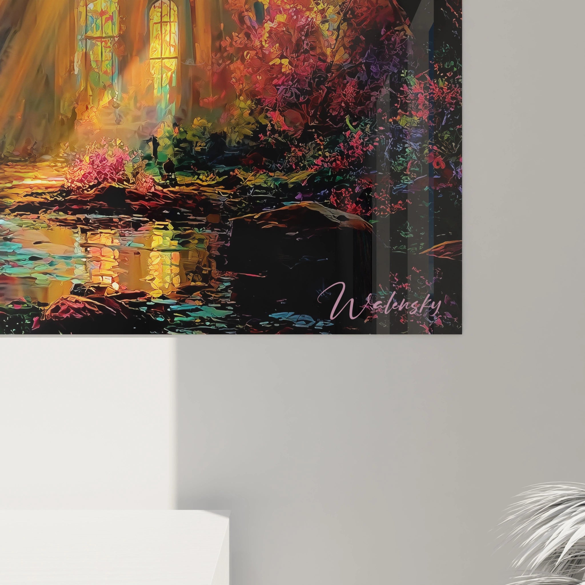 Tableau mural Walensky d une cathédrale aux vitraux feuillages d automne et reflets sur l eau tableau cathédrale gothique automne