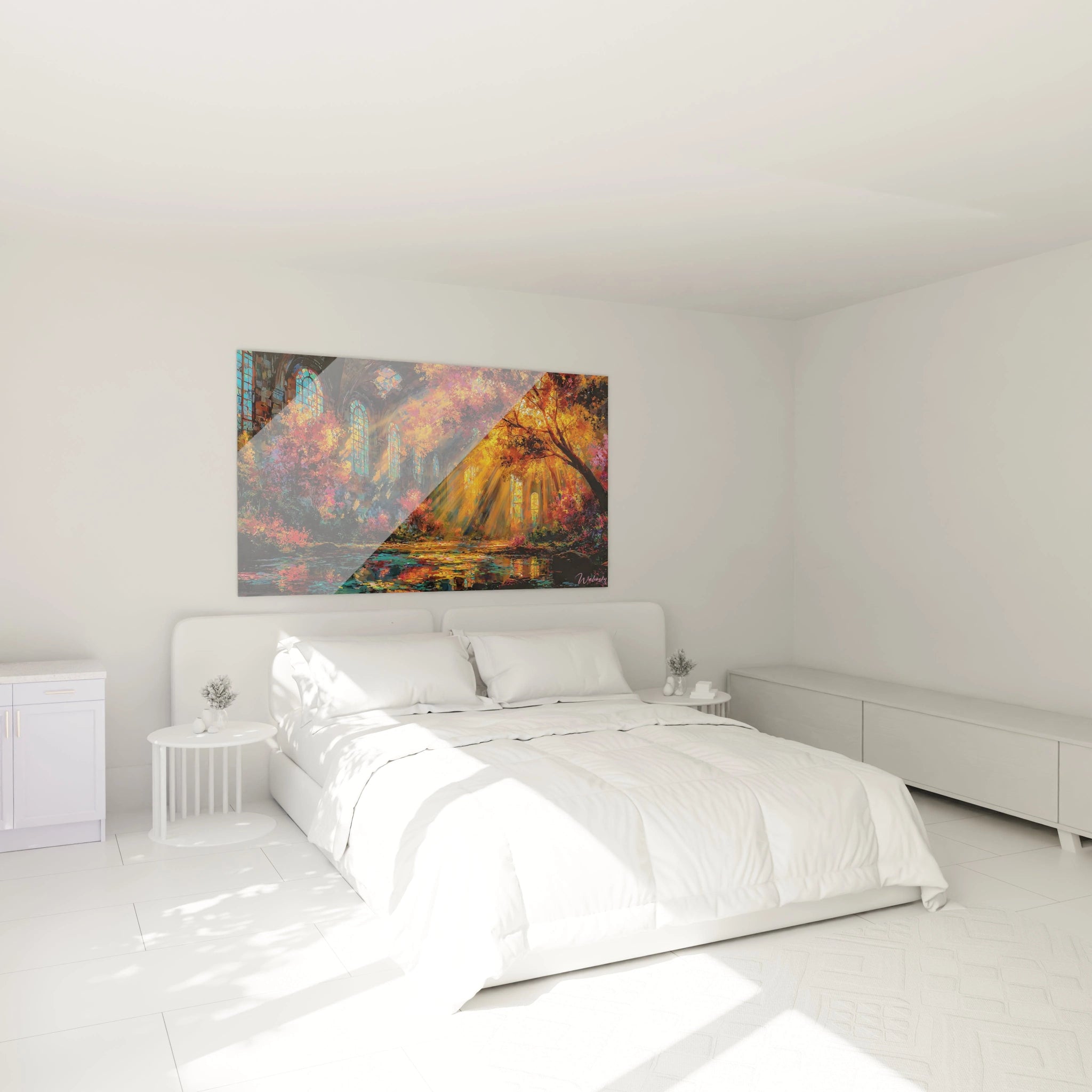 Tableau mural Walensky tableau cathédrale gothique automne accroché au dessus d un lit dans une chambre blanche minimaliste