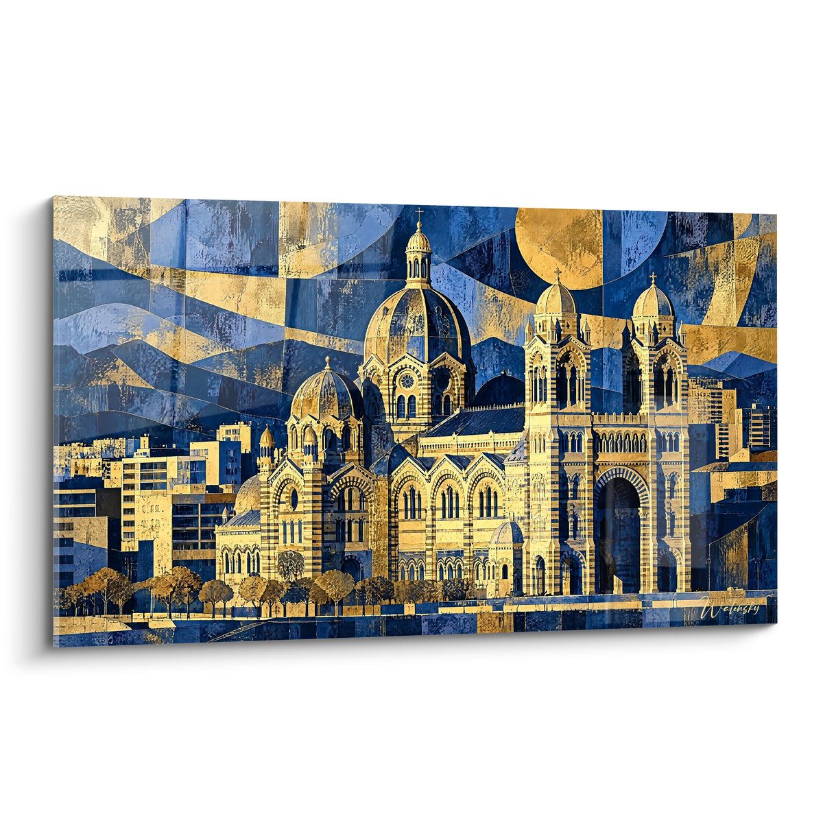 Cathédrale Sainte-Marie-Majeure aux dômes dorés sur fond bleu marine géométrique et soleil éclatant