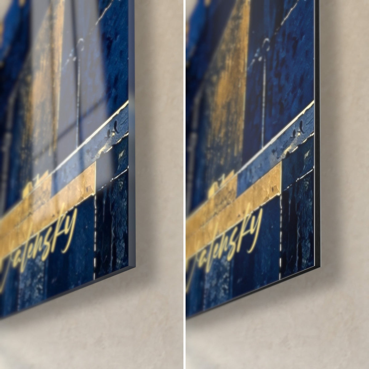 Quadro edificio bizantino in blu navy e oro, angolo in basso a destra, vetro acrilico lucido a sinistra, alluminio Dibond opaco a destra, spessore 3 mm