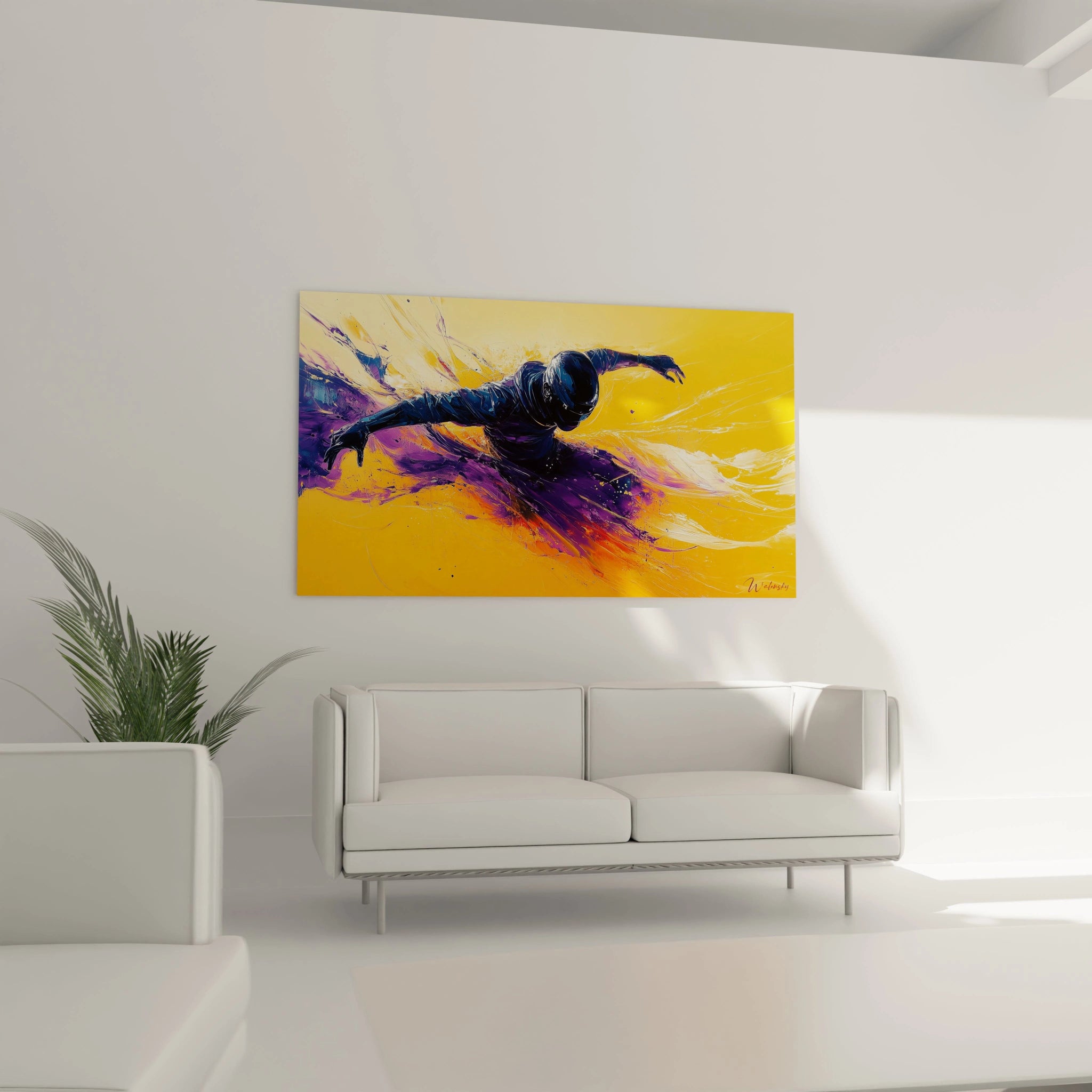 Un tableau silhouette urbaine montrant un personnage anonyme en pleine figure acrobatique, avec des contrastes saisissants entre le bleu marine de la figure et le jaune orangé du fond, enrichi de giclures blanches suggérant vitesse et liberté.
