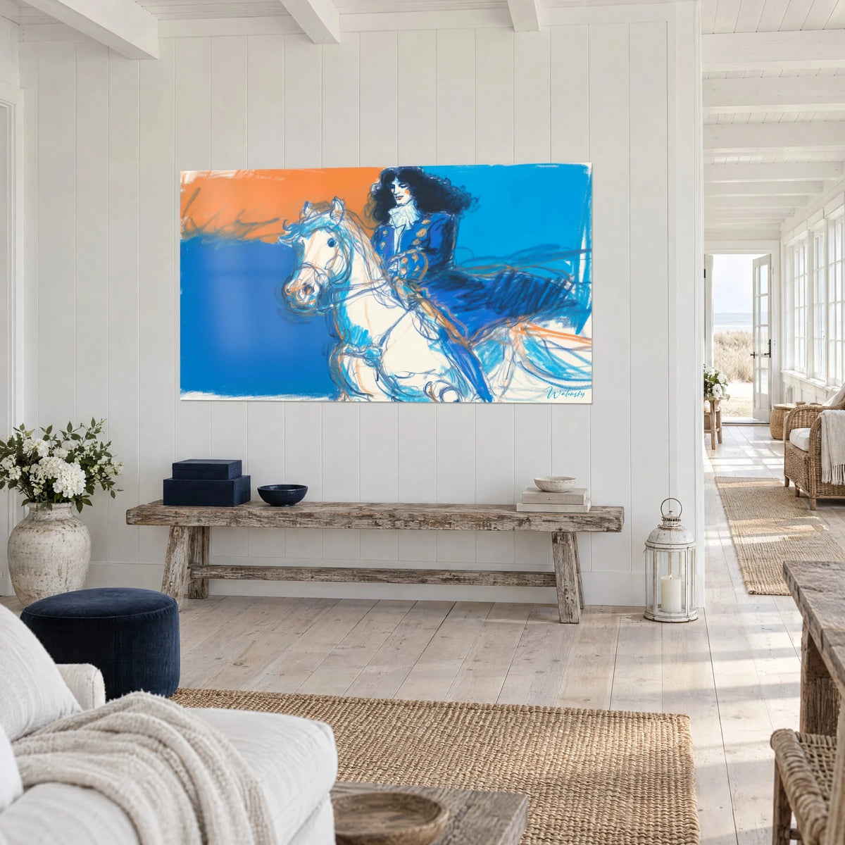 Tableau roi à longue chevelure noire, cheval blanc cabré, traits au pastel bleu et orange, vu de trois-quarts, maison bord de mer