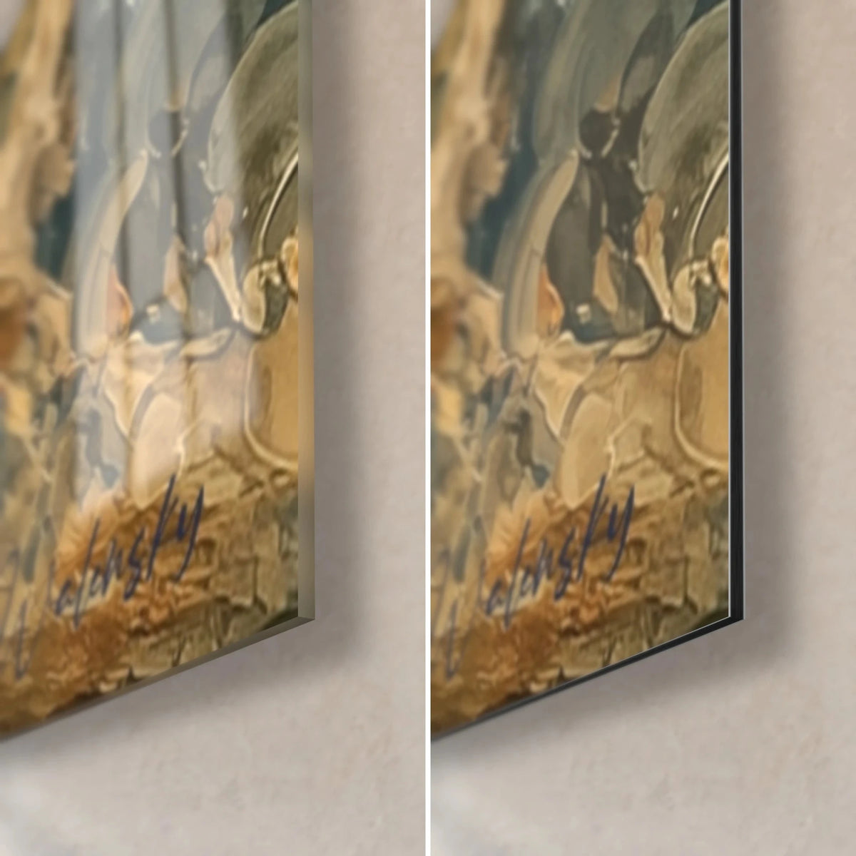 Wall art rider in thick oil paint, bottom-right corner: glossy blue and ochre glass on the left, matte Dibond on the right, 3 mm edge
