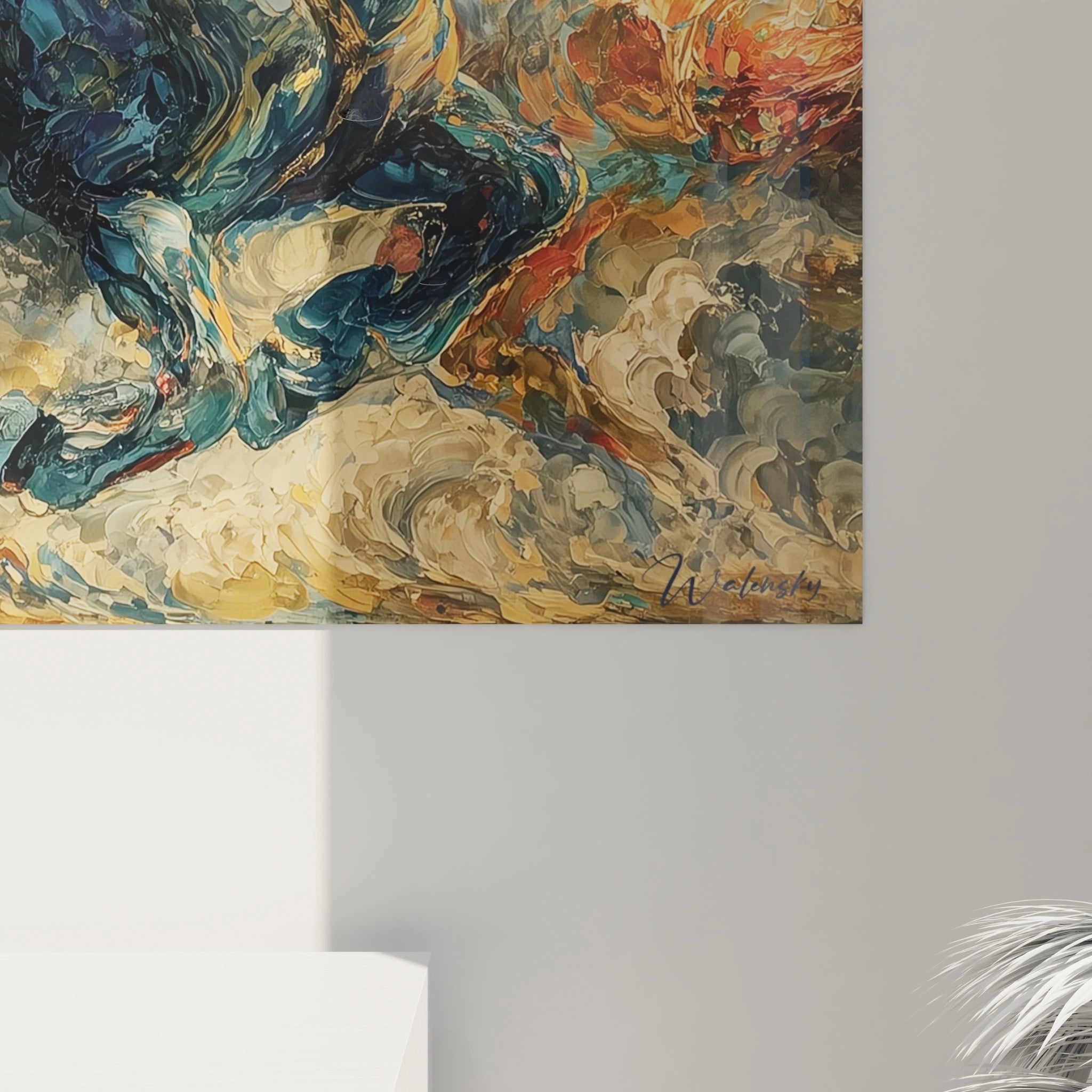 Tableau mural Walensky montrant un cavalier stylisé en peinture épaisse bleu or et orange tableau cavalier renaissance italienne