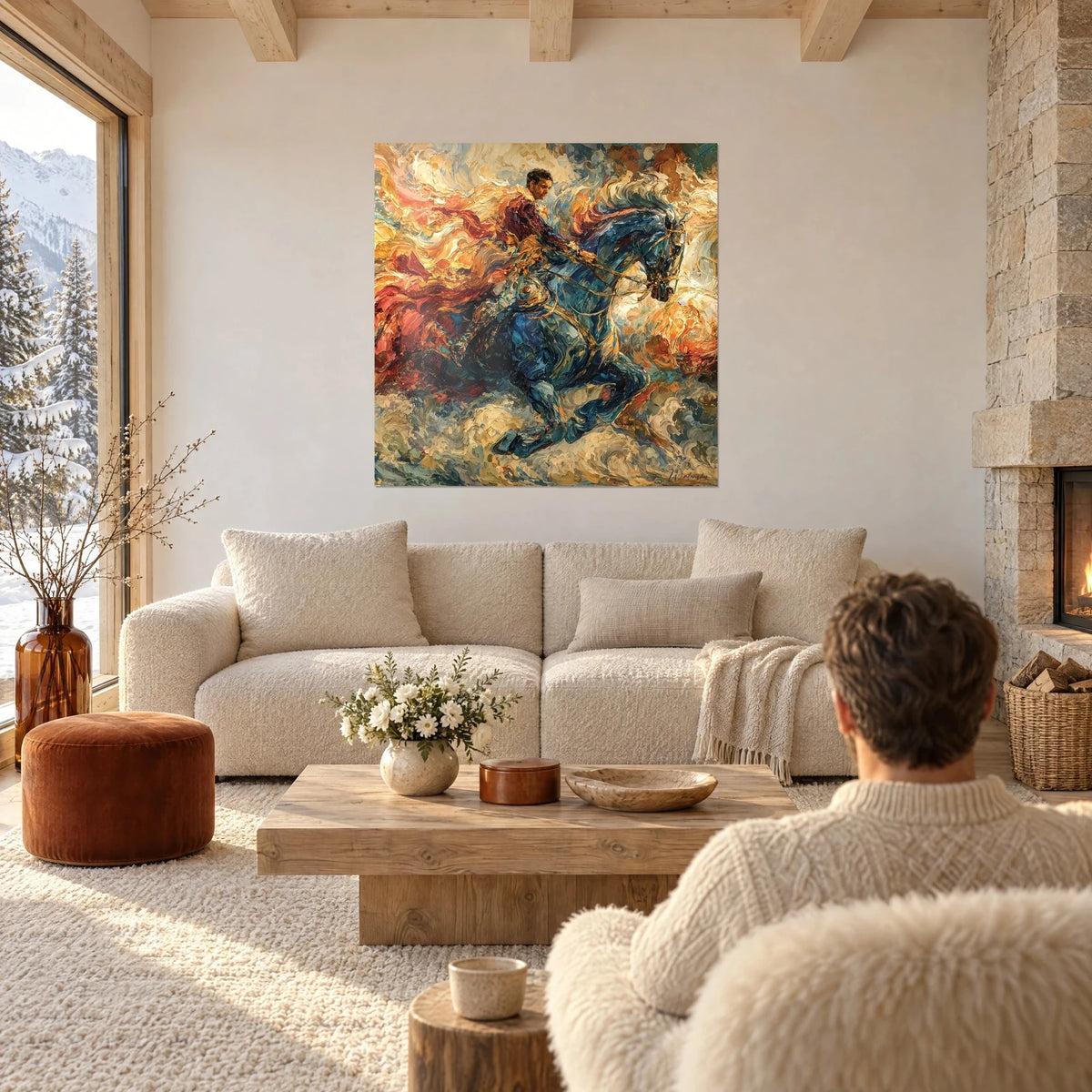 Wall art rider galloping on a midnight-blue steed, orange and ochre swirls, above a sofa in a bright living room