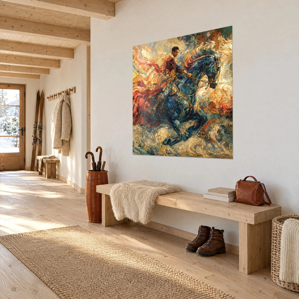 Wall art fiery centaur with indigo coat, fluttering red scarf, golden palette-knife strokes, white wall of a chalet hallway