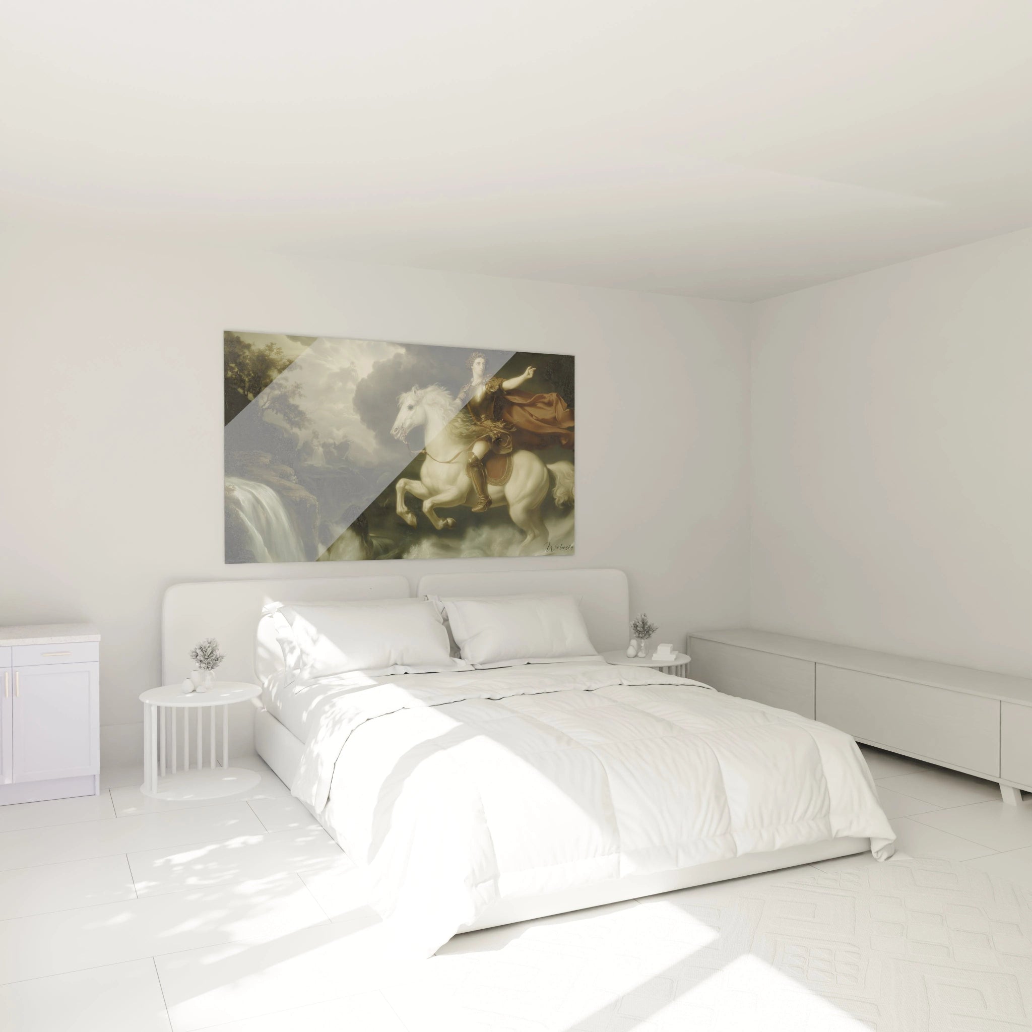 tableau néo classique cavalier Walensky accroché au dessus d un lit blanc minimaliste dans une chambre lumineuse et epurée