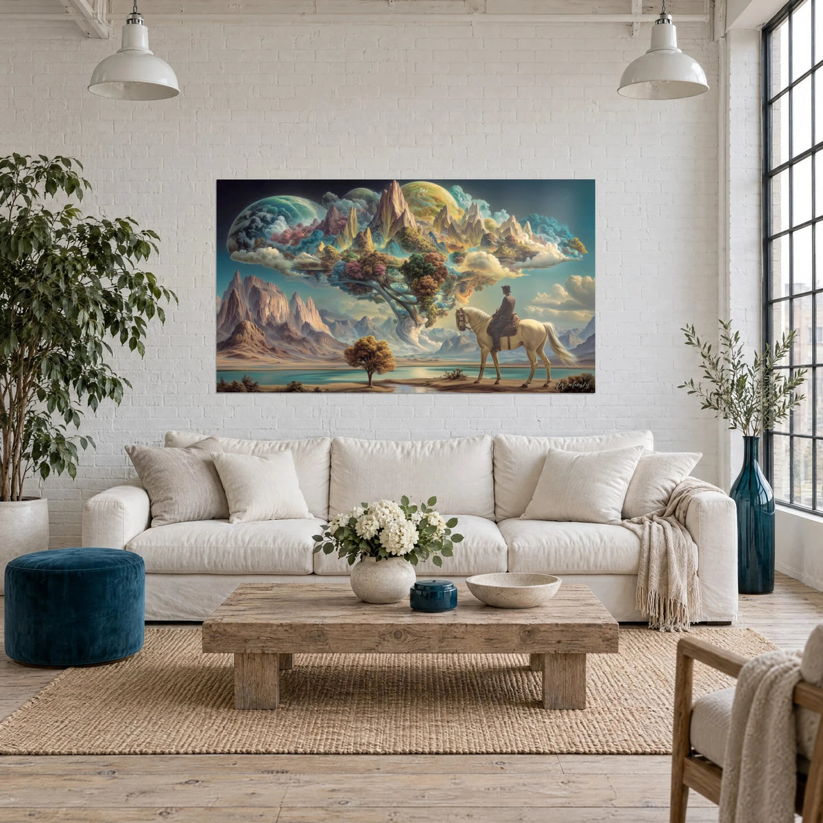 Tableau cavalier sur cheval crème face à un arbre-nuage aux feuillages rose et vert, au-dessus d'un canapé dans un salon lumineux