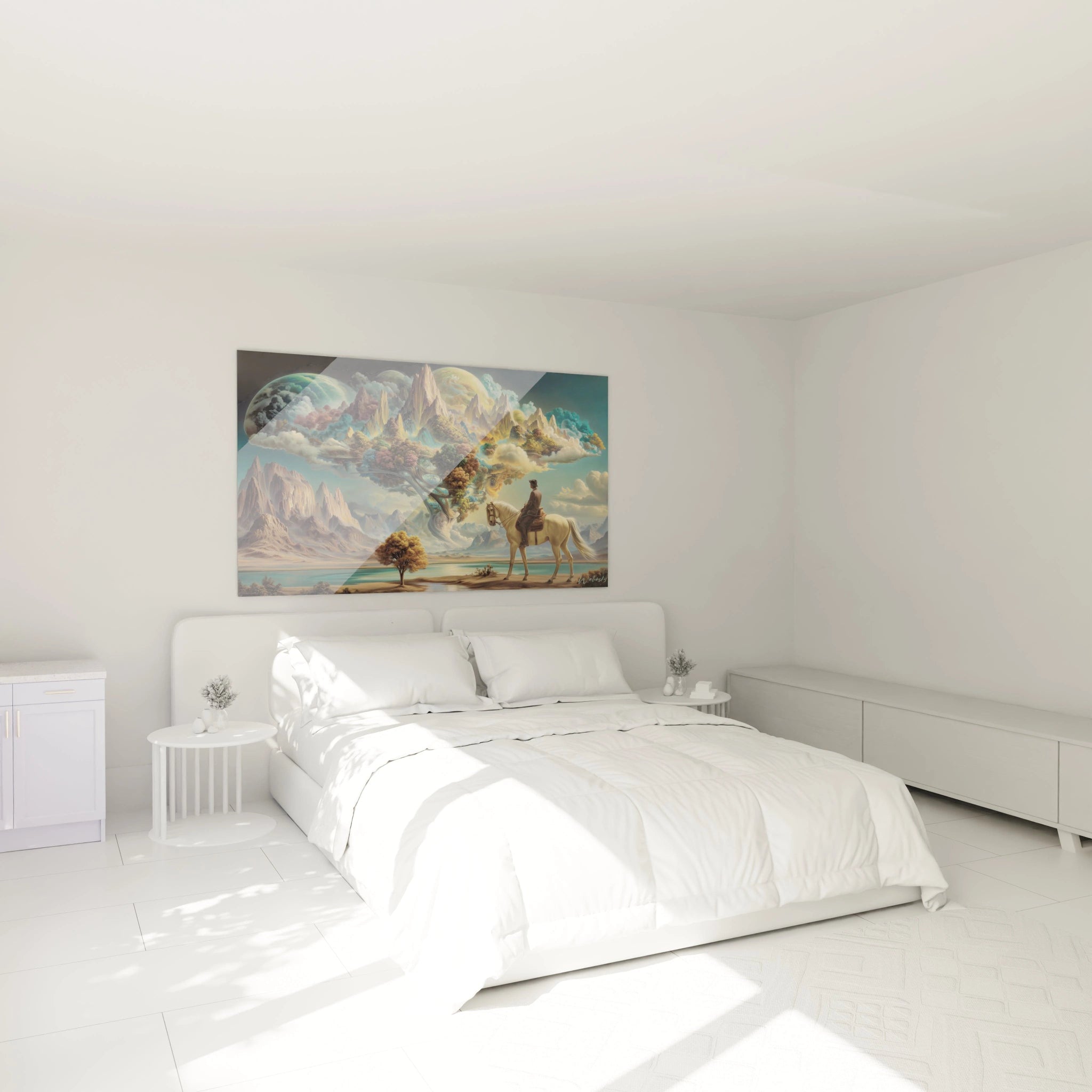 Tableau mural Walensky illustrant chameau et îles flottantes dans un paysage onirique tableau surréaliste jardin aérien