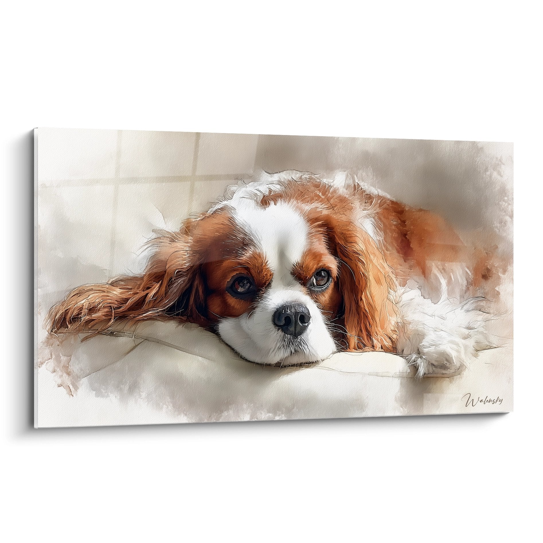 Tableau peinture Cavalier King Charles allongé pelage roux et blanc regard mélancolique art animalier décoratif