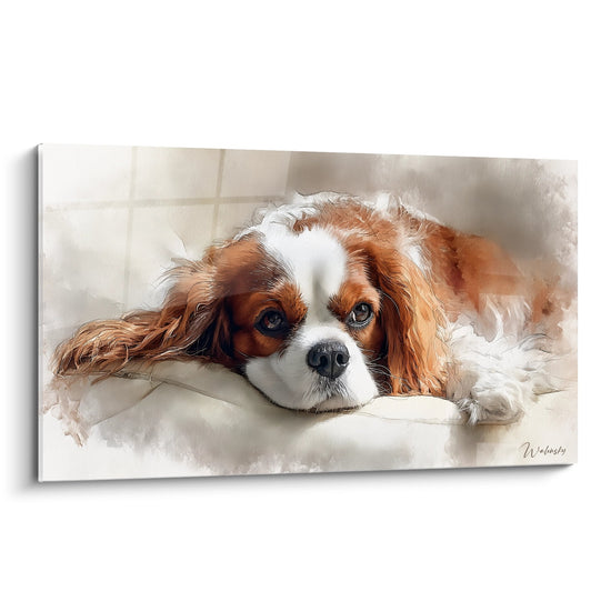 Gemälde Cavalier King Charles liegend rotbraunes und weißes Fell melancho­lischer Blick dekorative Tierkunst