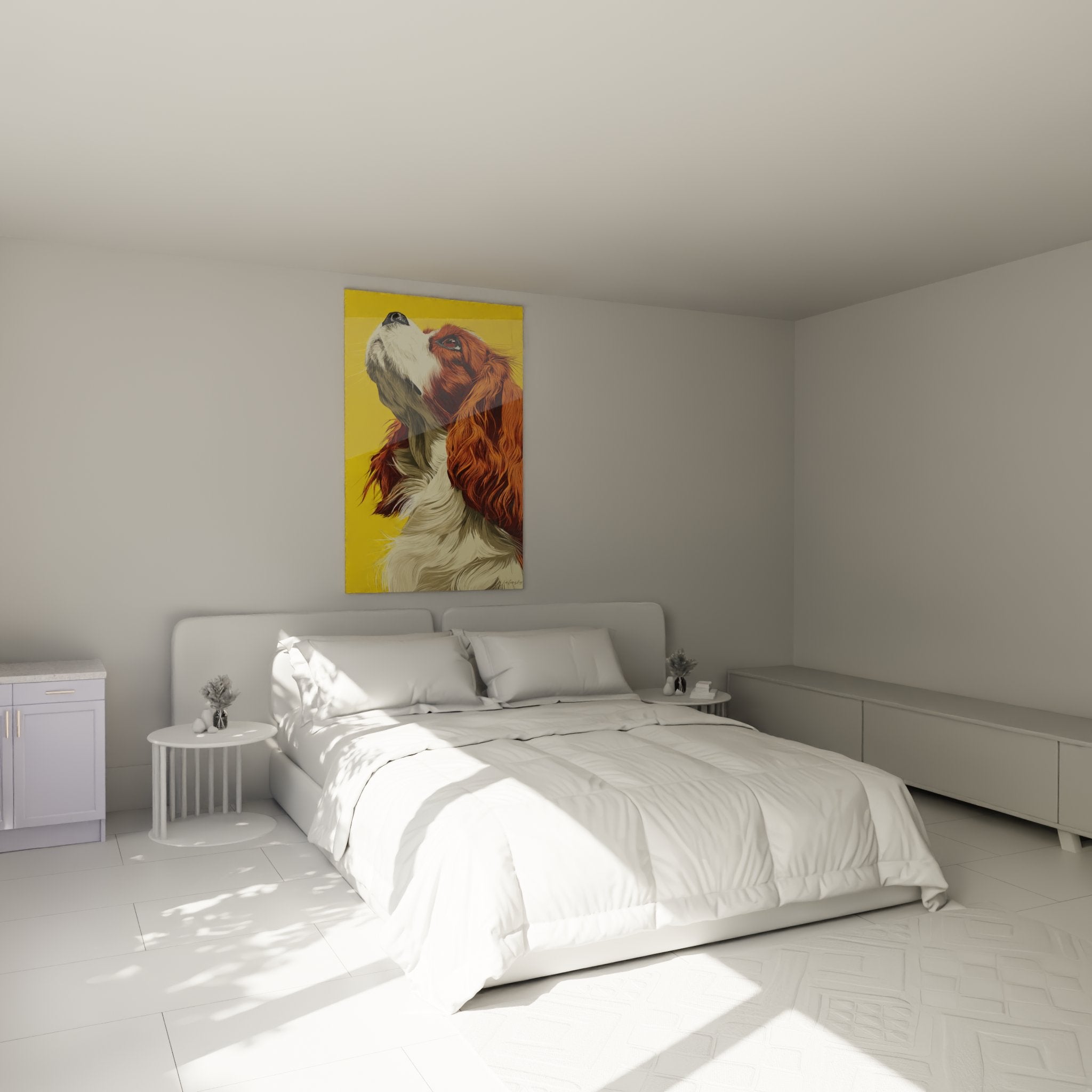 Tableau Cavalier King Charles dans chambre moderne avec murs blancs et decoration chaleureuse