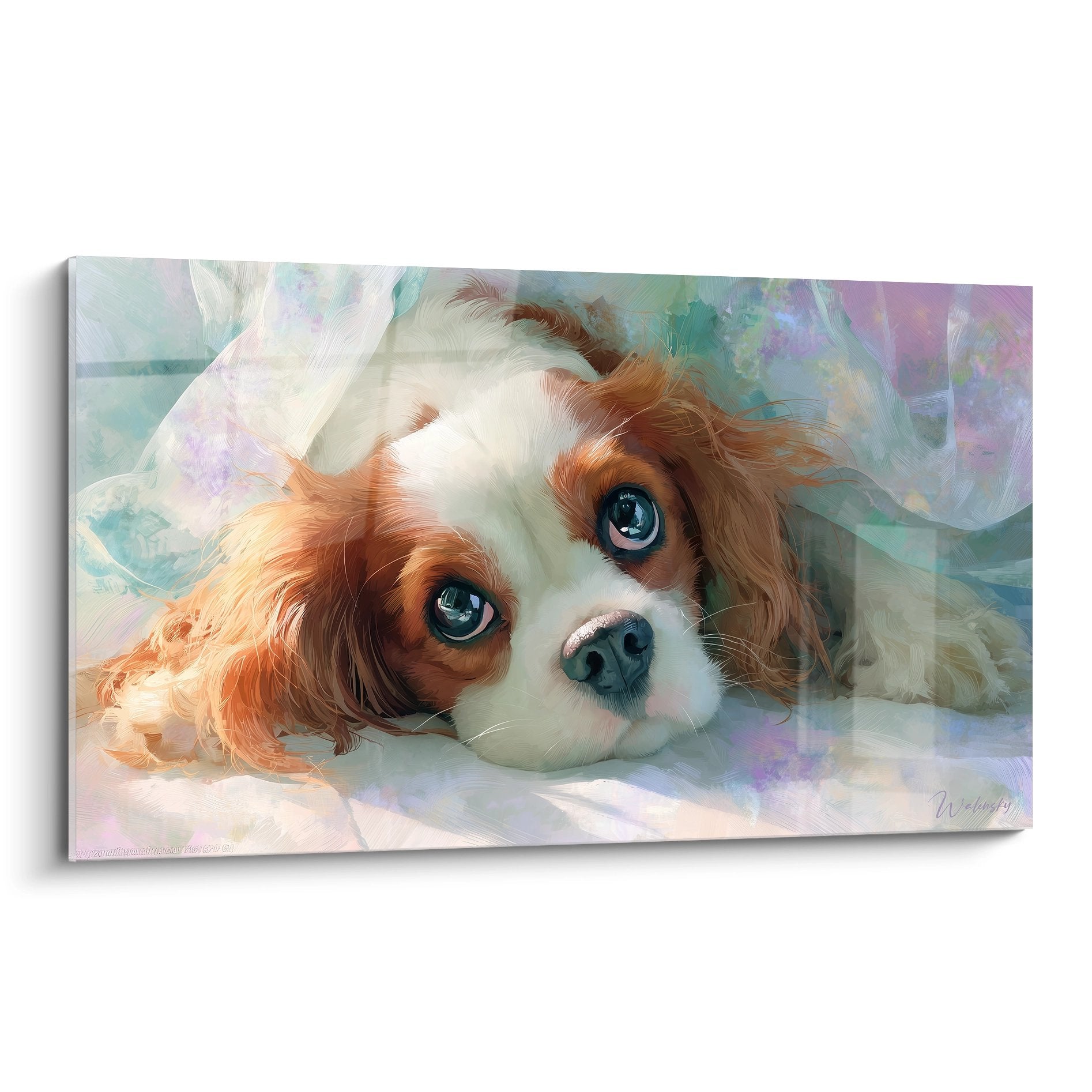 tableau cavalier king charles couche yeux bleus pelage roux blanc style impressionniste pastel turquoise lilas