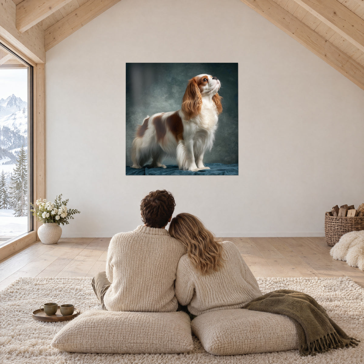 Πίνακας Cavalier King Charles τρίχρωμος, σγουρά χαλκόχρωμα αυτιά και λευκό στήθος, σε σαλόνι σαλέ κάτω από τη στέγη