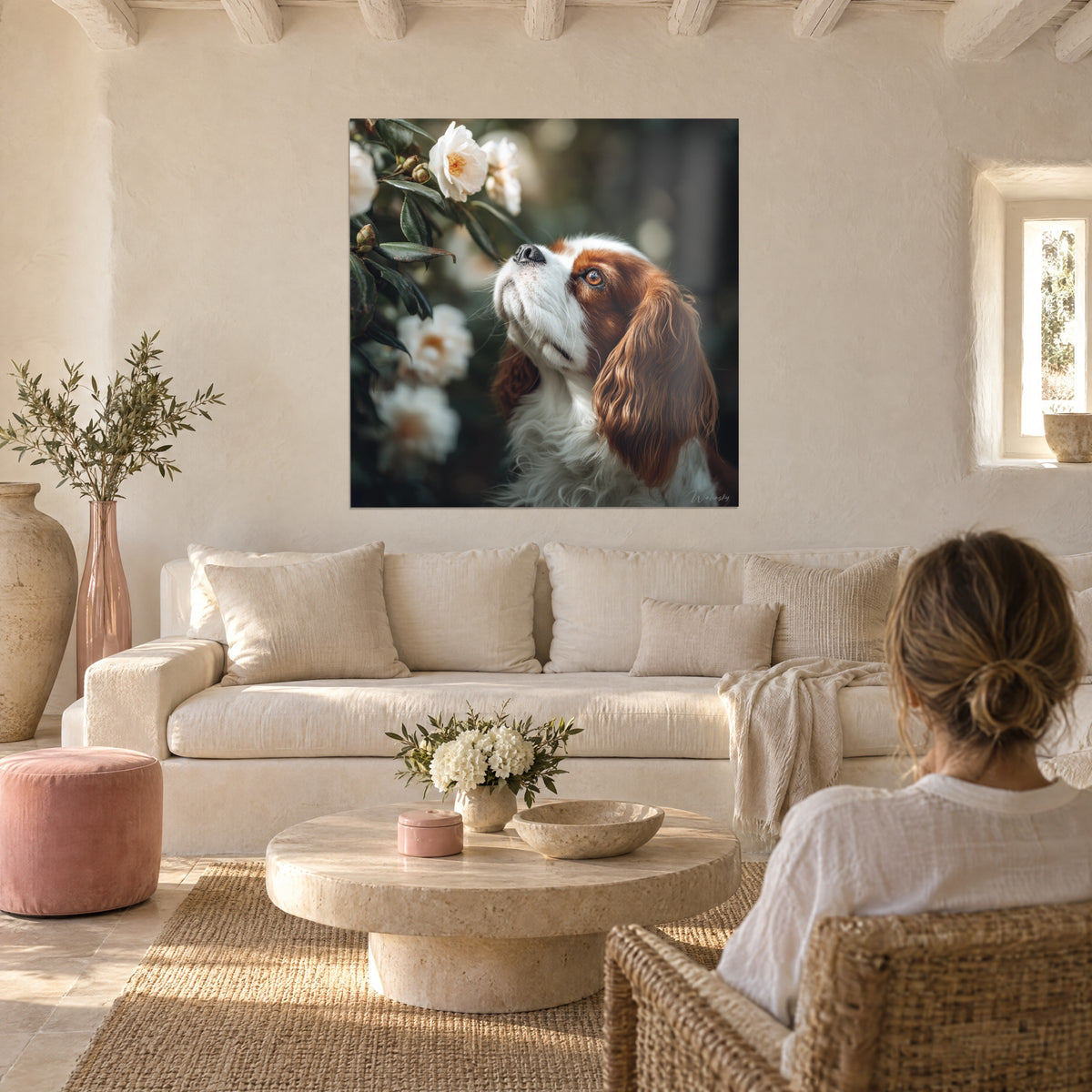Obraz cavalier king charles z uniesioną głową ku białej kamelii, rudo-kremowa sierść, nad sofą w jasnym salonie