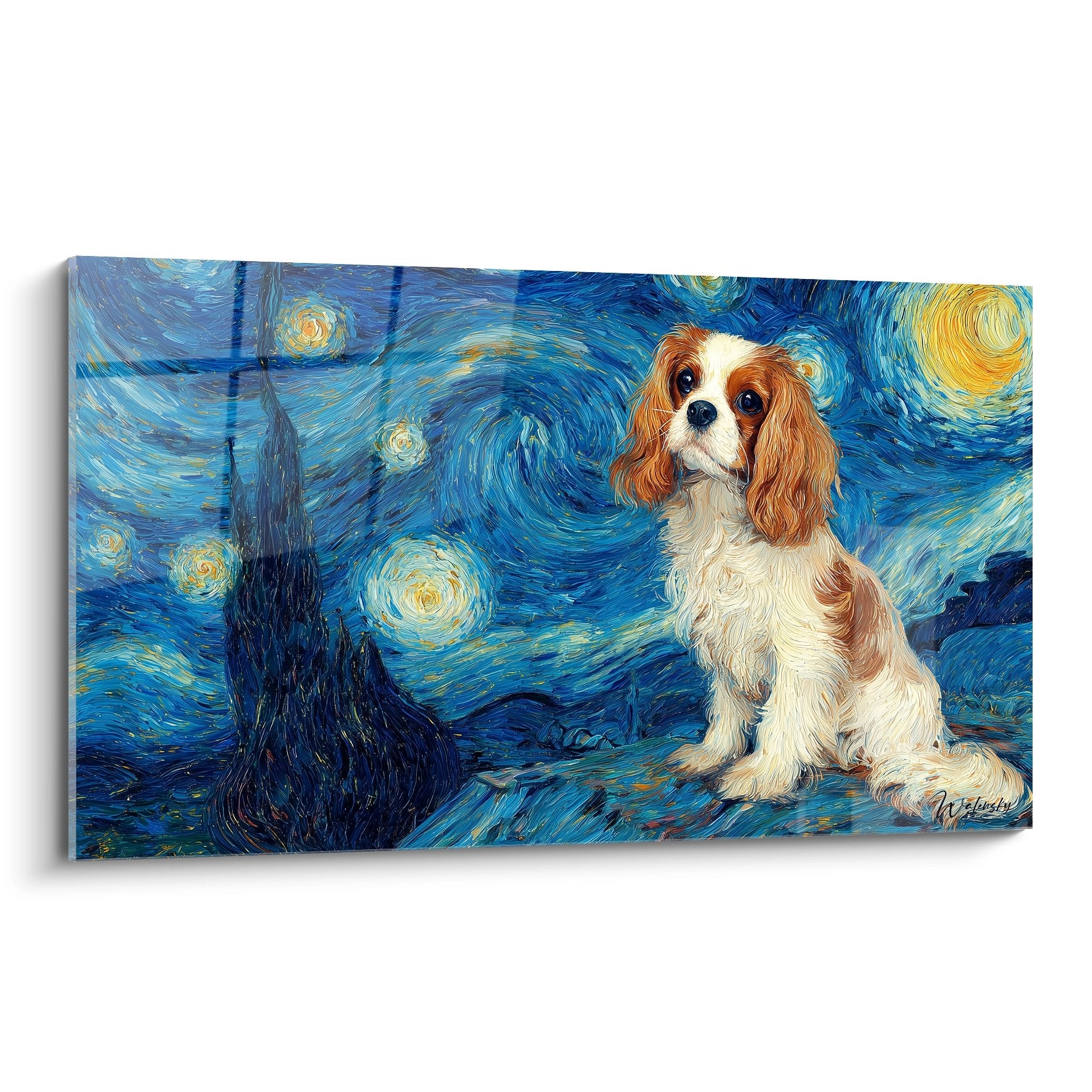 Tableau cavalier king charles epagneul dans paysage nuit etoilee style van gogh tourbillons bleus