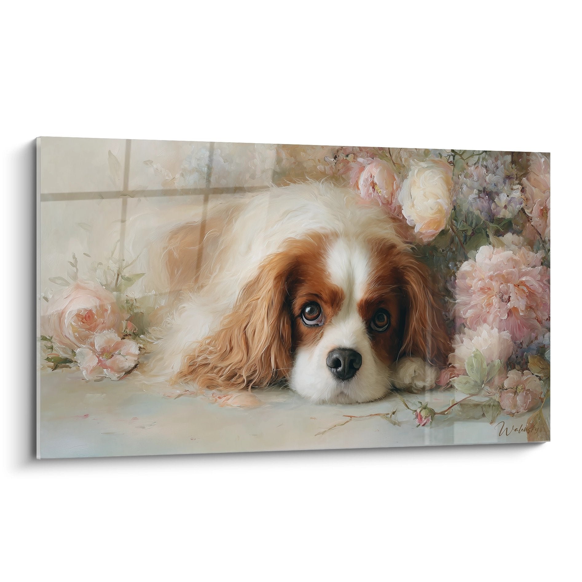 Tableau cavalier king charles aux yeux bleus reposant parmi des roses roses et pêche sur rebord de fenêtre lumineux