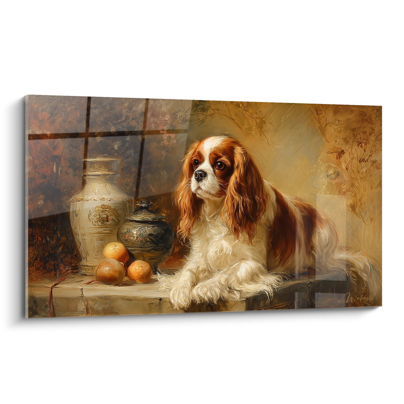 Schilderij Cavalier King Charles Rosé en Wit met Oosterse Vazen - Klassiek Portret - Editie Schilderij Cavalier King Charles
