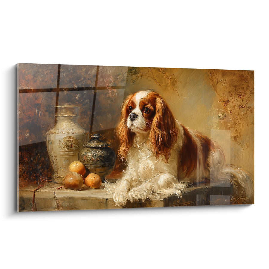 Tableau Cavalier King Charles Roux et Blanc avec Vases Orientaux - Portrait Classique - Edition Tableau Cavalier King Charles