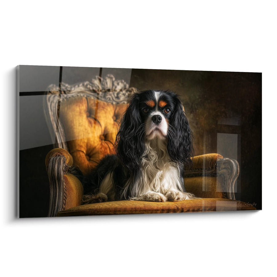 Tableau Cavalier King Charles Tricolore sur Fauteuil Doré - Portrait Noble - Edition Tableau Cavalier King Charles