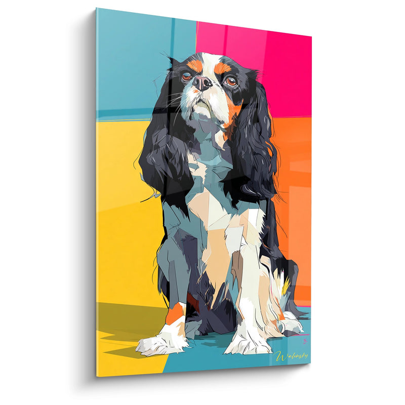 Dreifarbiges Cavalier King Charles Gemälde auf farbigem geometrischem Hintergrund - Zeitgenössisches Porträt - Auflage Cavalier King Charles Gemälde