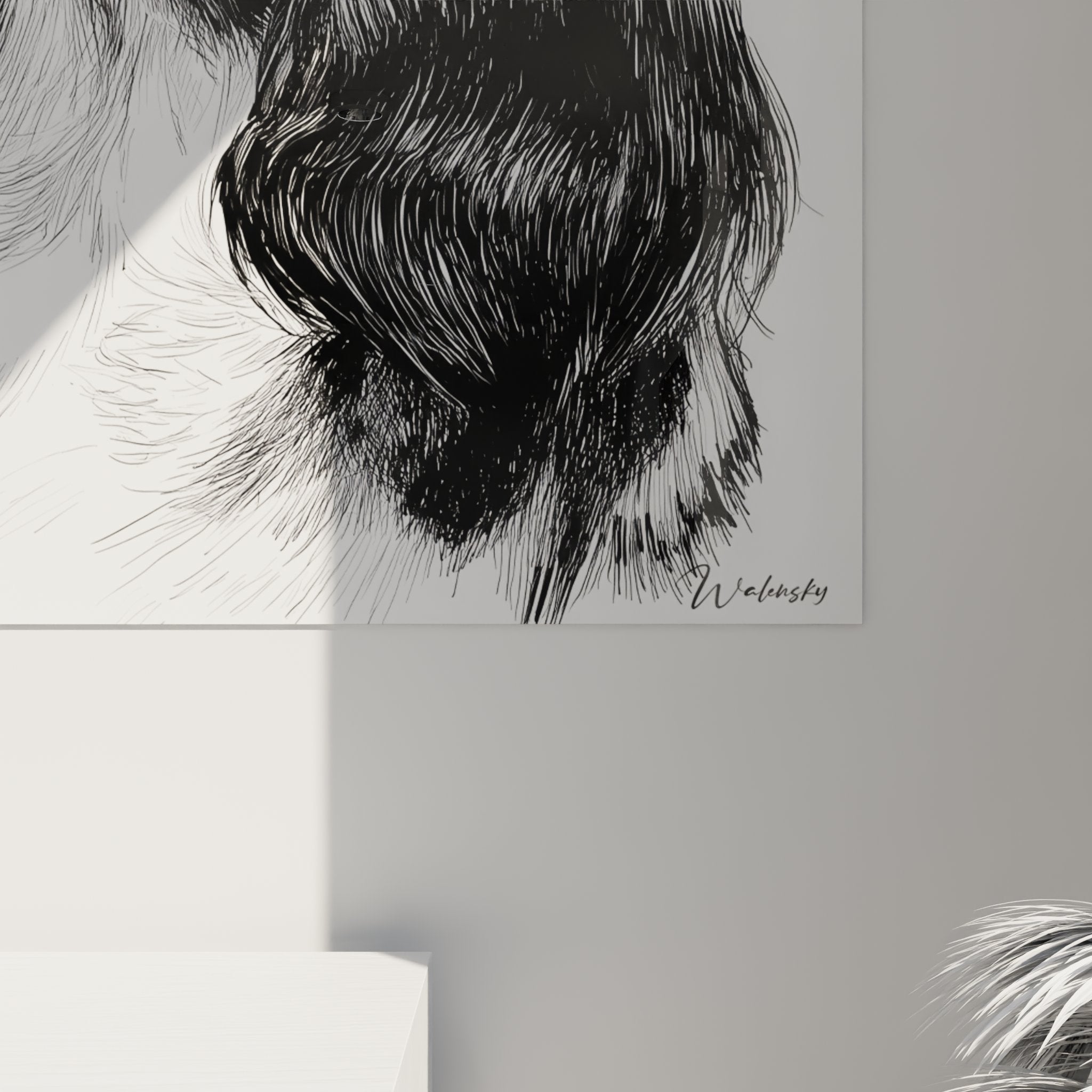 Vue ensemble tableau portrait Cavalier King Charles noir blanc, oeuvre art animalier decoration interieur