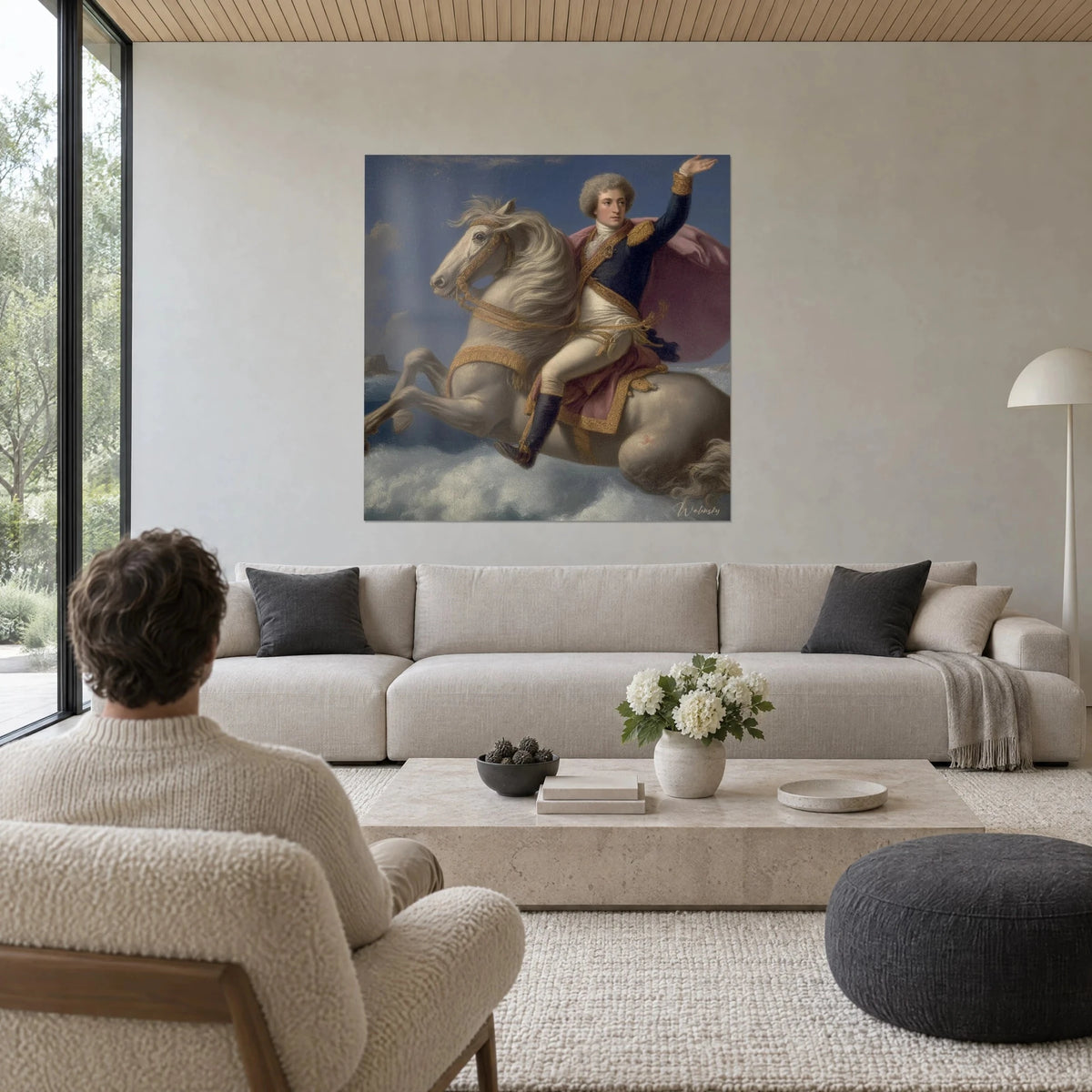 Gemälde junger Offizier mit rosa Umhang, grüßend auf einem steigenden weißen Pferd, goldene Tressen, blauer Himmel, über einem Sofa in einem hellen Wohnzimmer