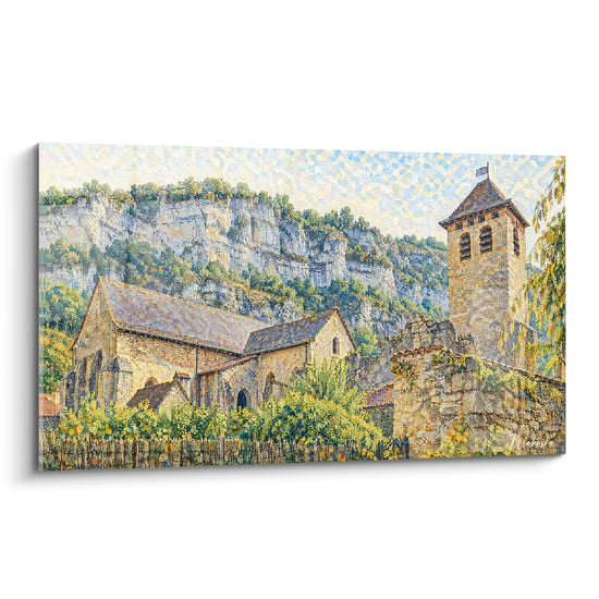 Tableau Église en pierre ocre et falaise grise - Refuge millénaire - Edition Célé Occitanie France