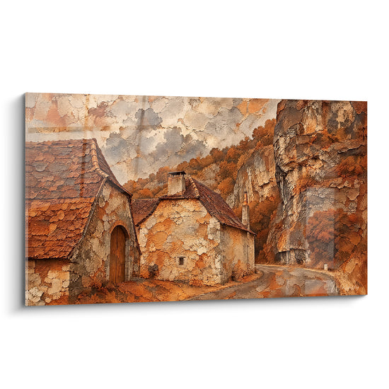Tableau Hameau de pierre aux falaises ocre - Refuge oublié du temps - Edition Célé Occitanie France