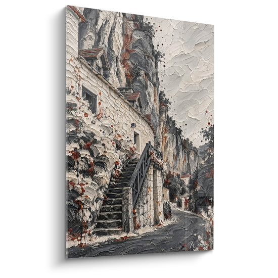 Tableau Maison troglodyte blanche et grise sous falaise - Refuge de pierre - Edition Célé Occitanie France