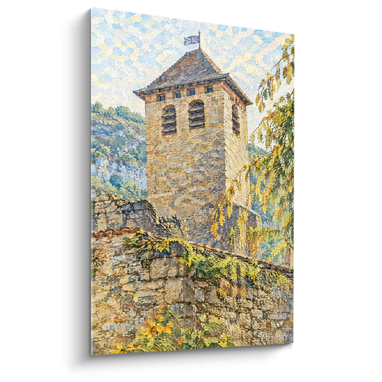 Tableau Tour fortifiée beige et bleu sous ciel pointilliste - Veille silencieuse - Edition Célé Occitanie France