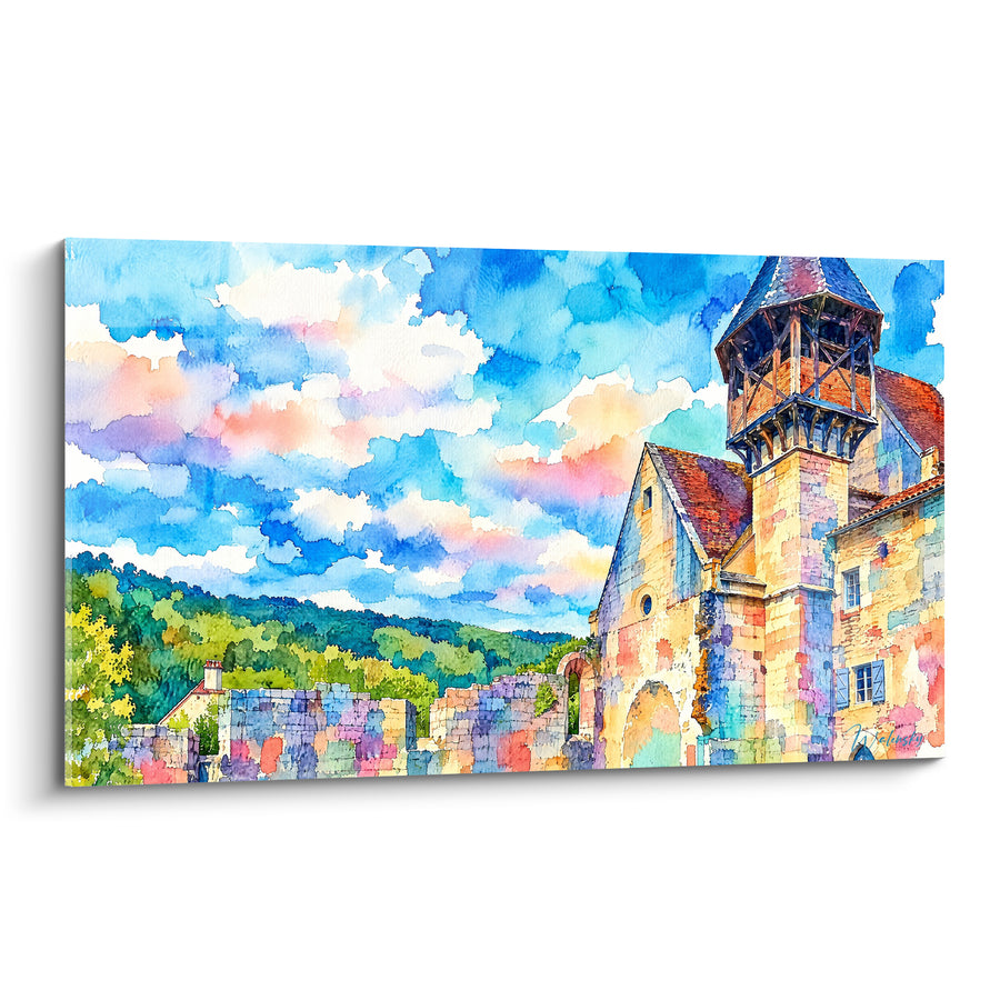 Tableau Village en pierre tourelle ocre ciel bleu - Lumière après l'orage - Edition Célé Occitanie France