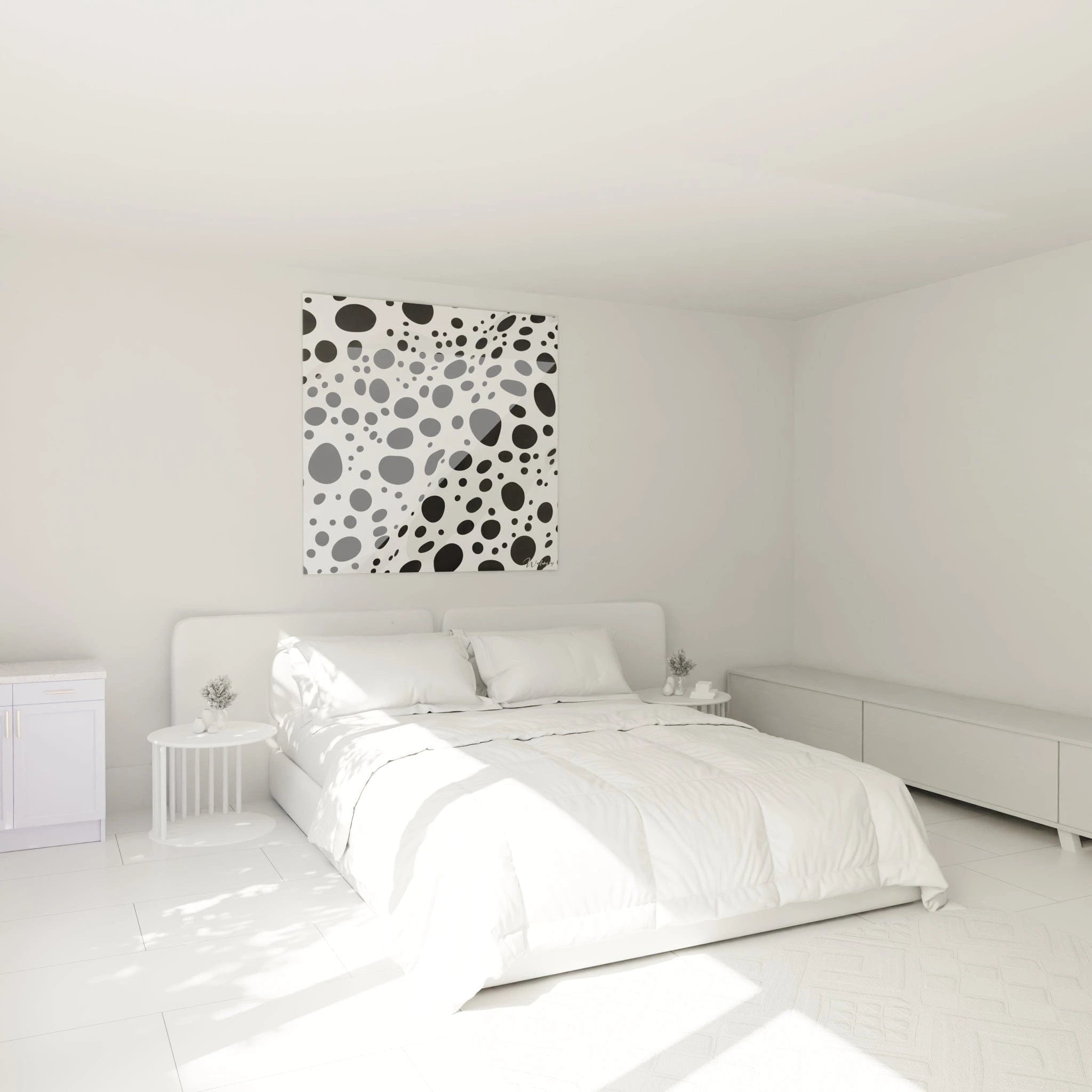 Tableau tacheté noir et blanc Walensky accroché au-dessus d'un lit dans une chambre moderne