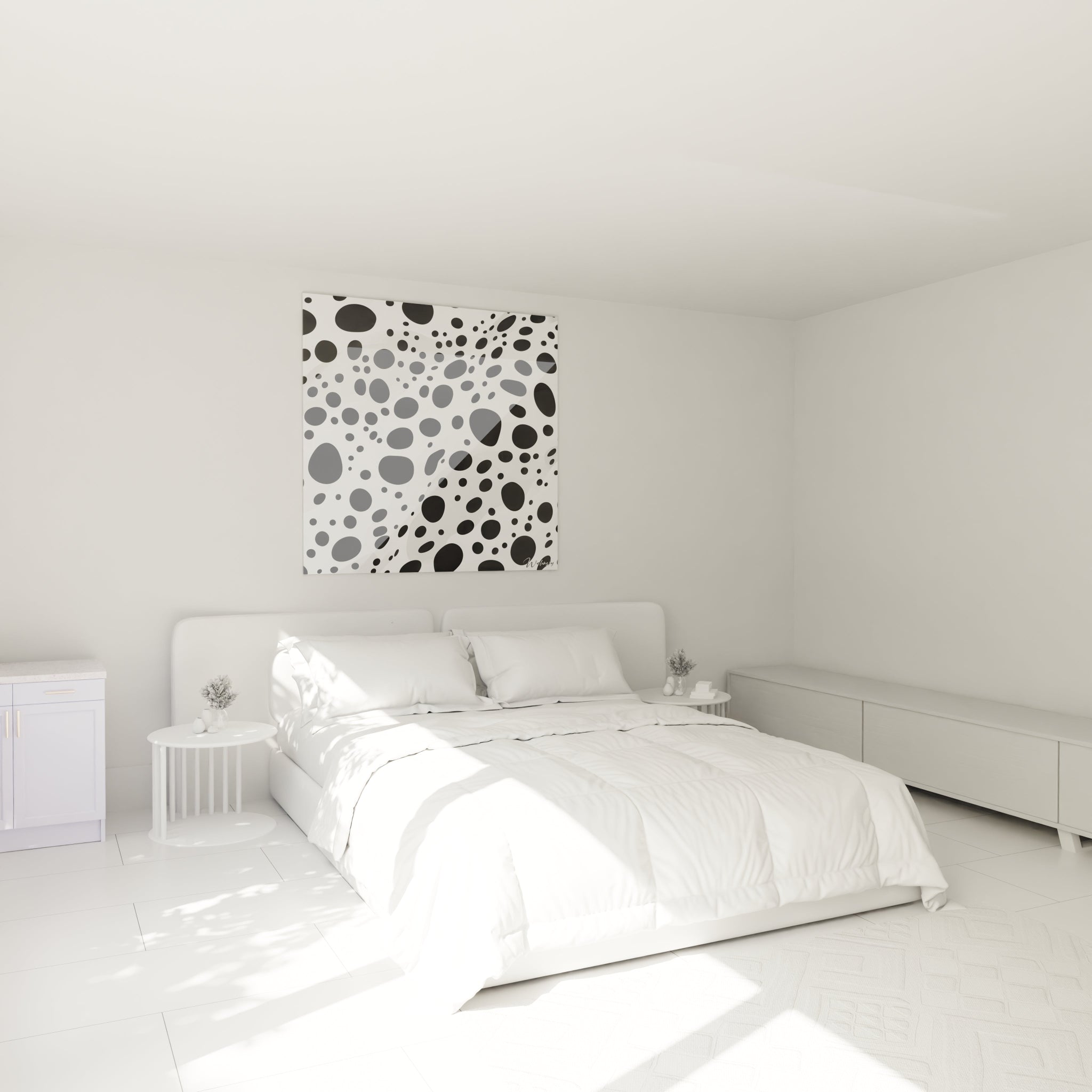 Tableau tacheté noir et blanc Walensky accroché au-dessus d'un lit dans une chambre moderne