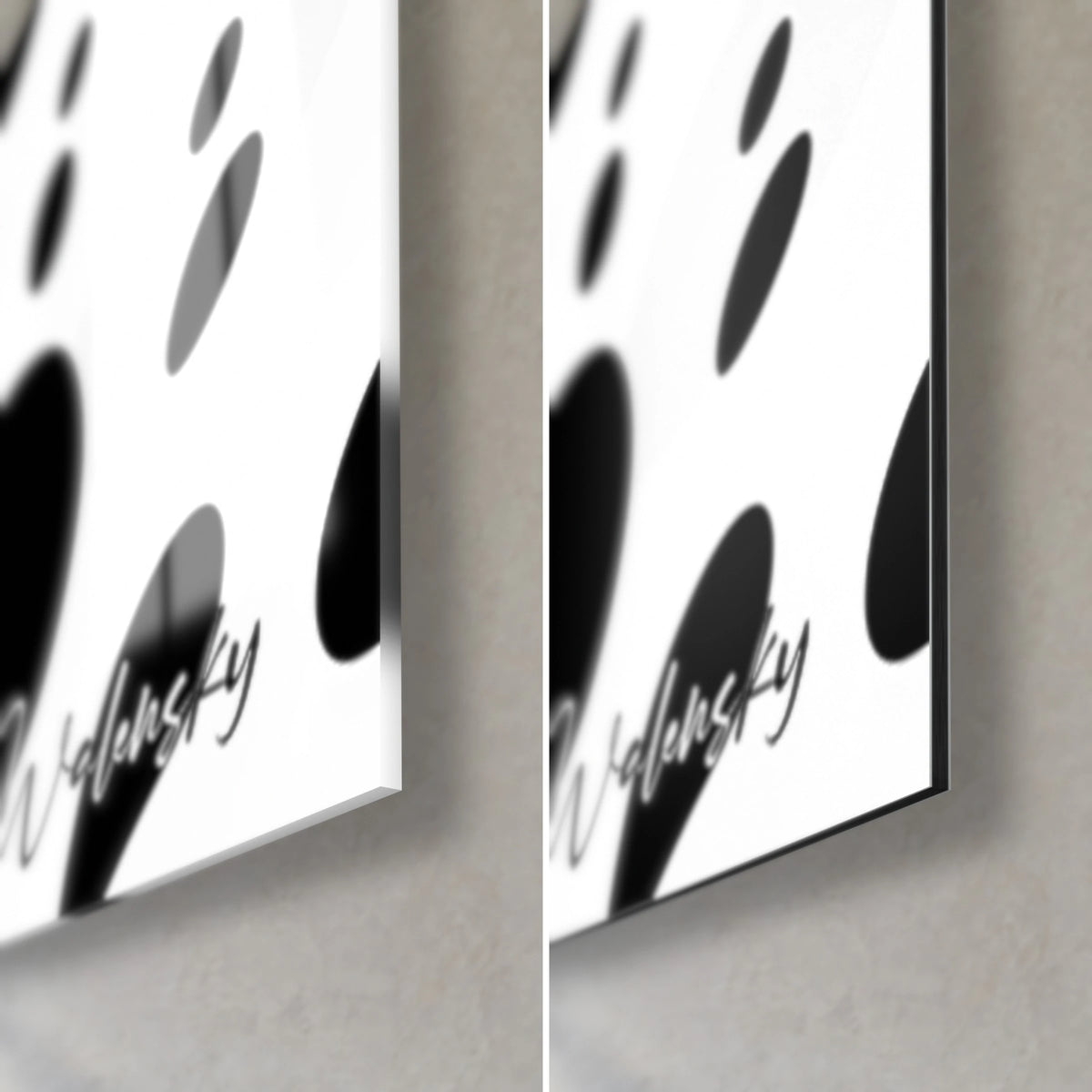 Quadro con cellule nere su fondo bianco, angolo in basso a destra, firma Walensky, vetro acrilico lucido e Dibond nero opaco