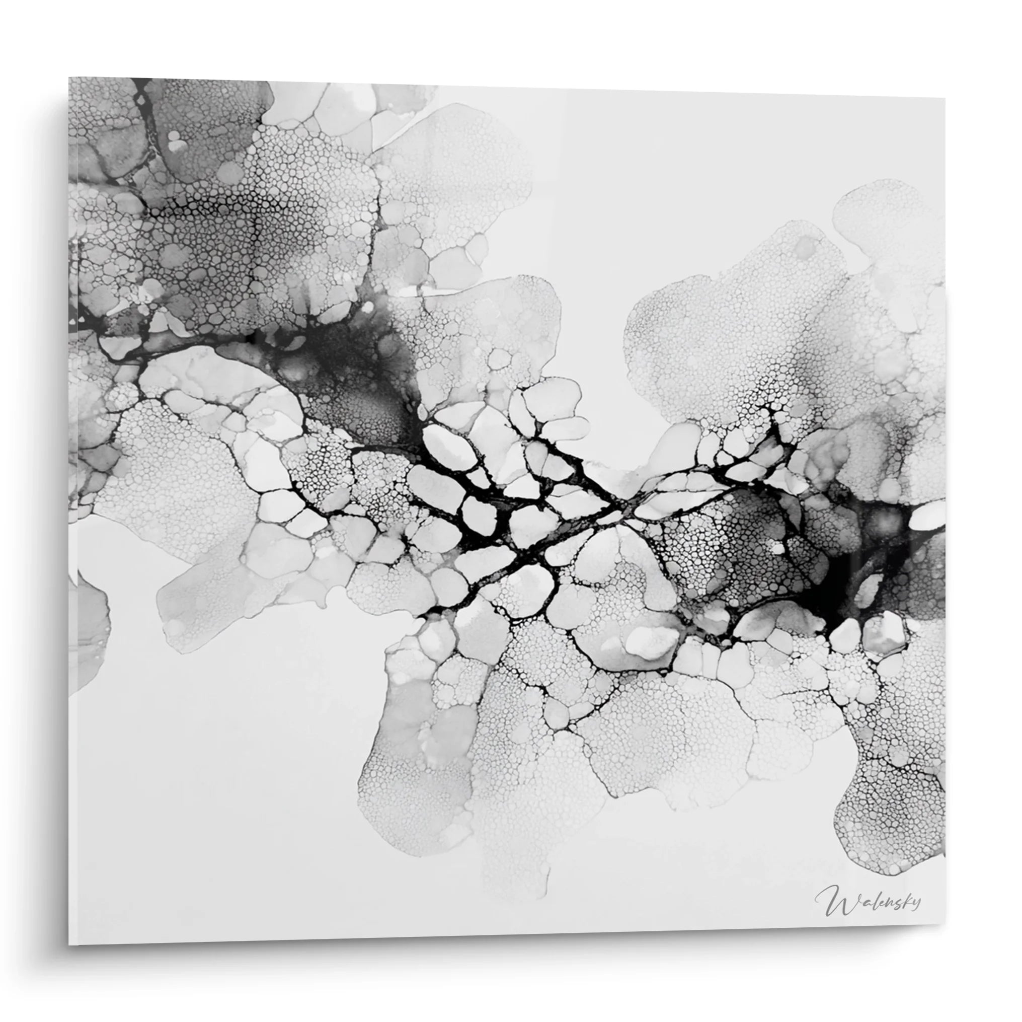 Tableau abstrait noir et blanc représentant des cellules organiques interconnectées style microscopique moderne