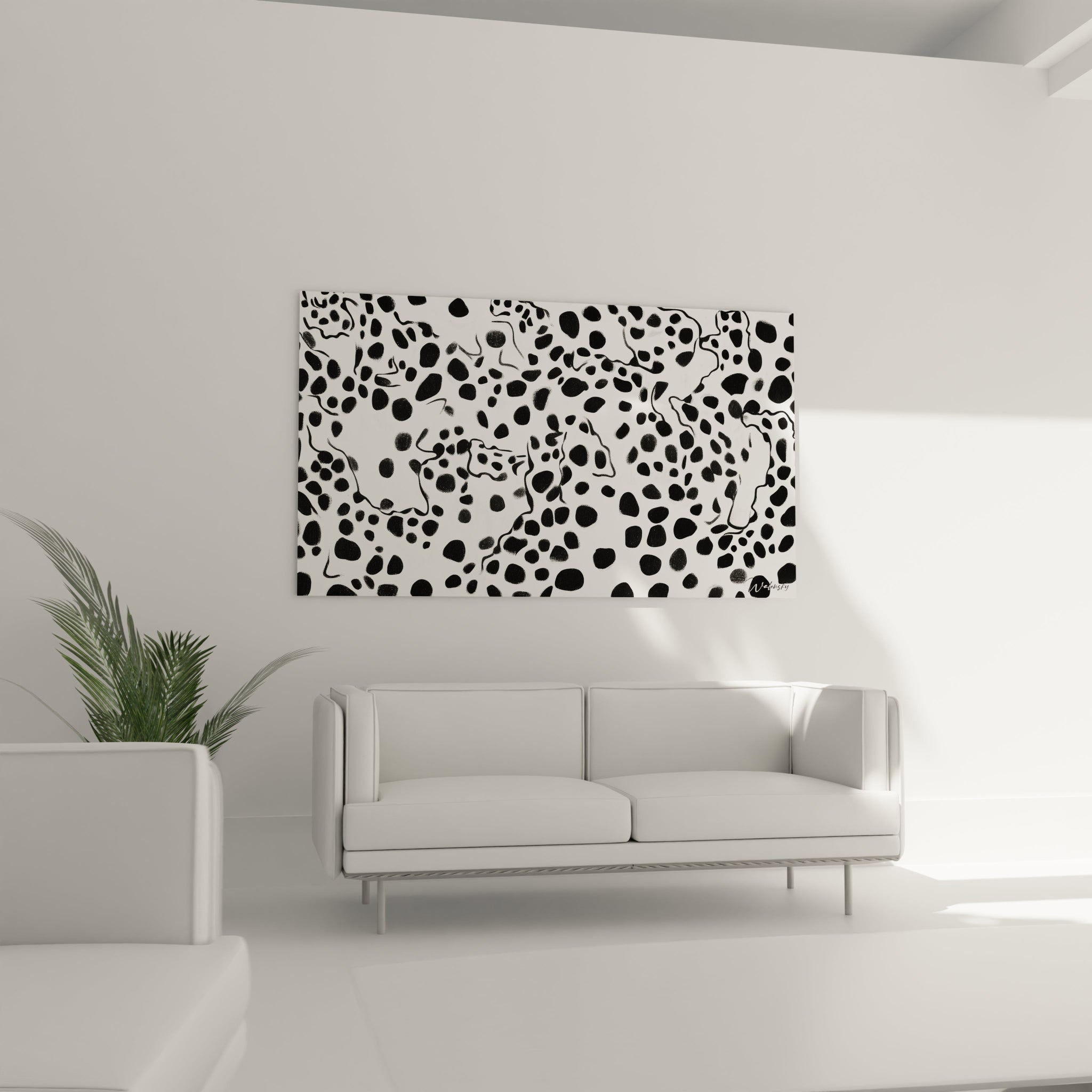 Tableau tacheté noir et blanc de Walensky, parfait pour décorer un salon moderne