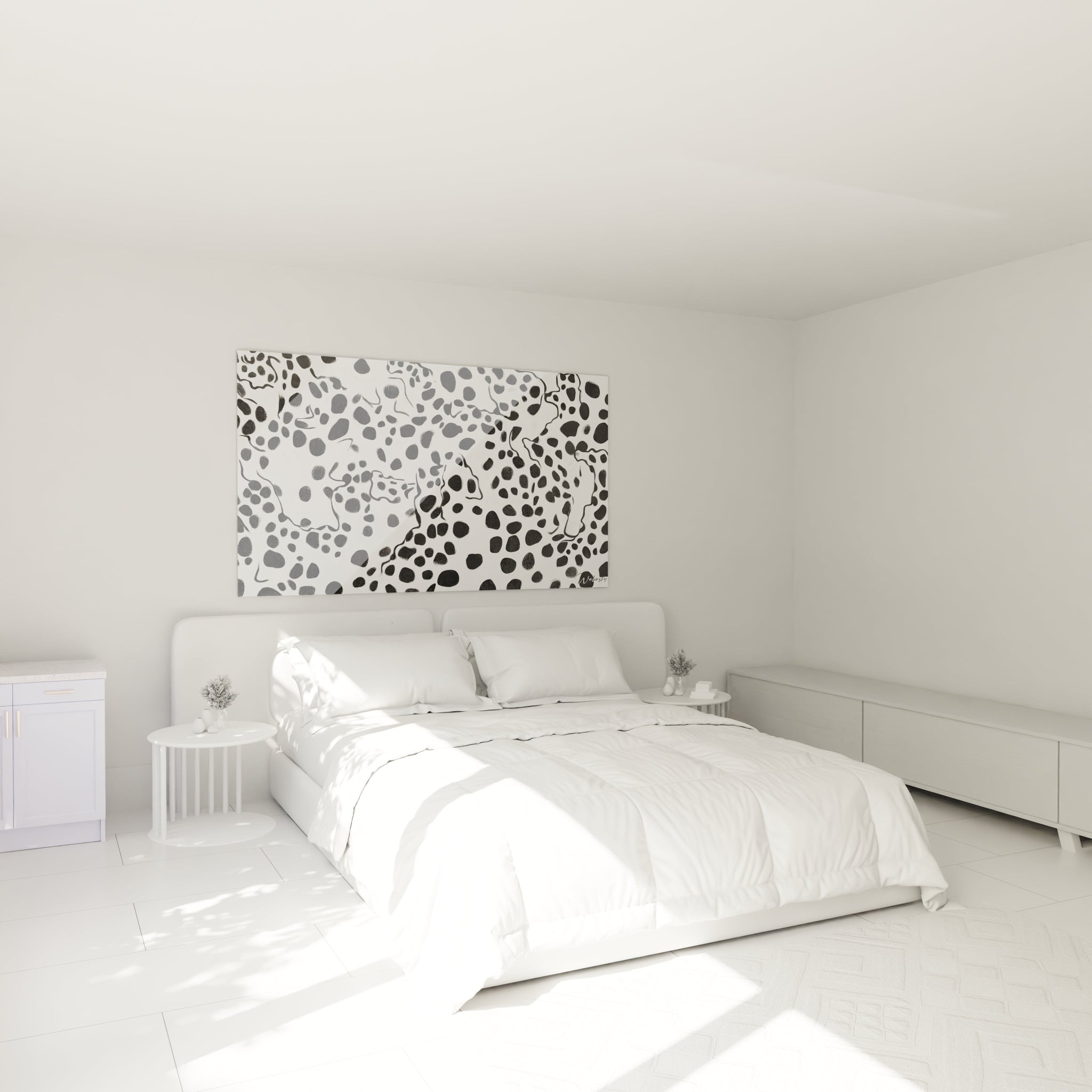 Tableau tacheté noir et blanc Walensky dans une chambre moderne au décor épuré