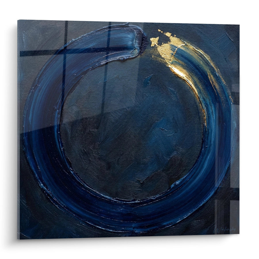 Tableau Cercle Bleu Nuit et Or sur Fond Gris - Lumière Dorée - Edition Enso