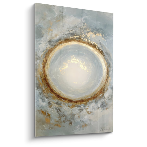 Gouden en blauw-grijs abstracte cirkel schilderij - Helende poort - Feng Shui West Metaal editie