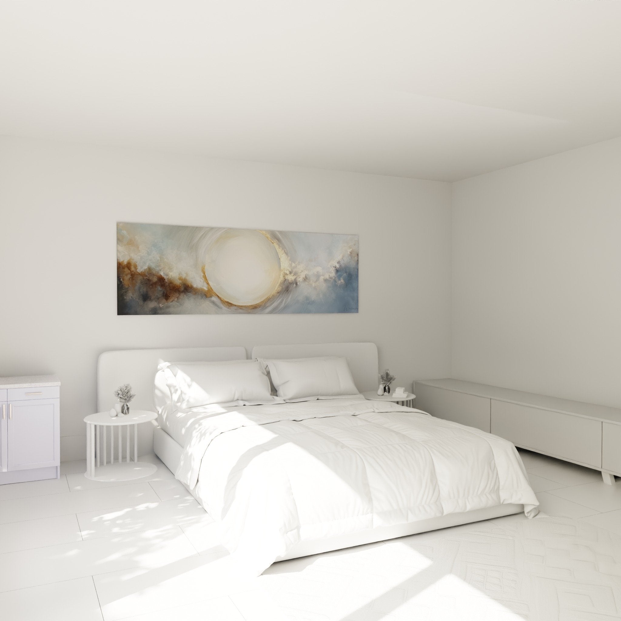 Golden circle and colorful clouds wall art in modern feng shui west metal bedroom décor