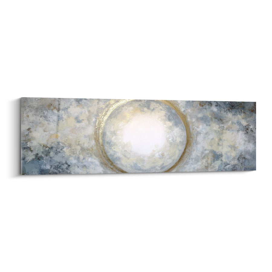 Tableau Cercle Doré sur Fond Nuageux Bleu-Gris - Sérénité Céleste - Edition Feng shui Ouest Métal