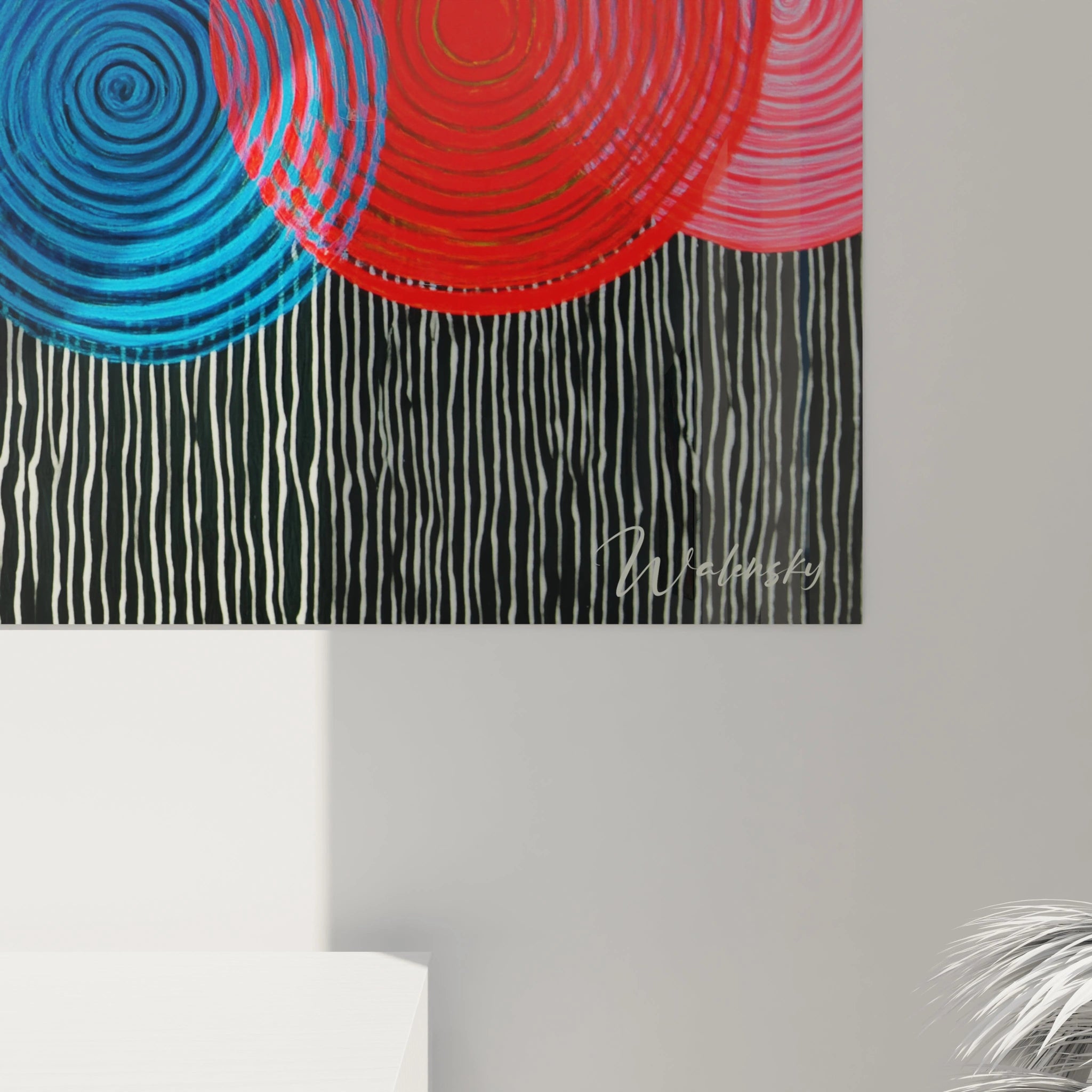 tableau op art cercles concentriques Walensky peinture murale moderne bleu rouge noir et blanc abstrait