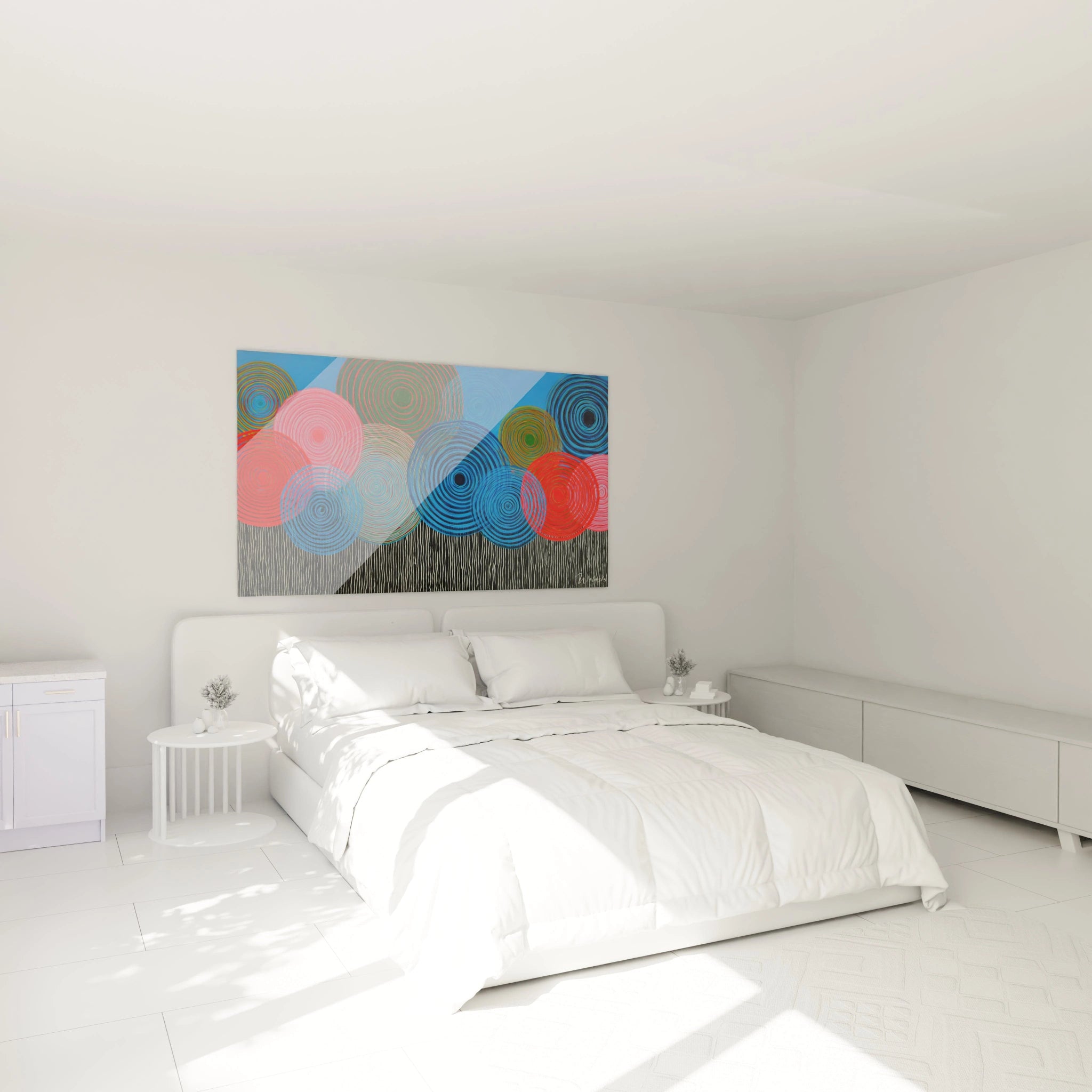 Tableau mural Walensky tableau op art cercles concentriques colores au dessus d un lit blanc dans une chambre moderne