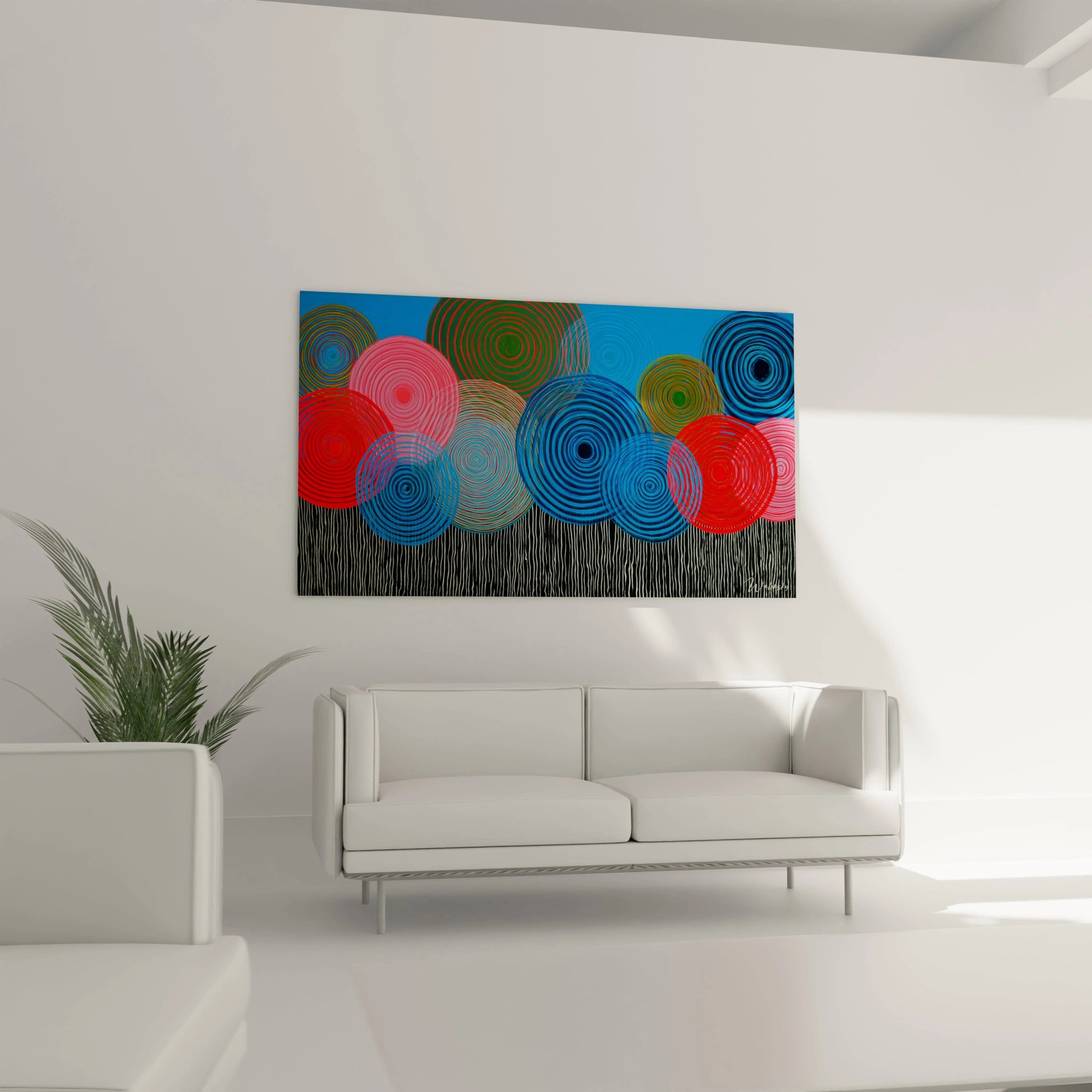 Tableau Walensky tableau op art cercles concentriques sur fond bleu avec cercles rouges et verts décor mural moderne